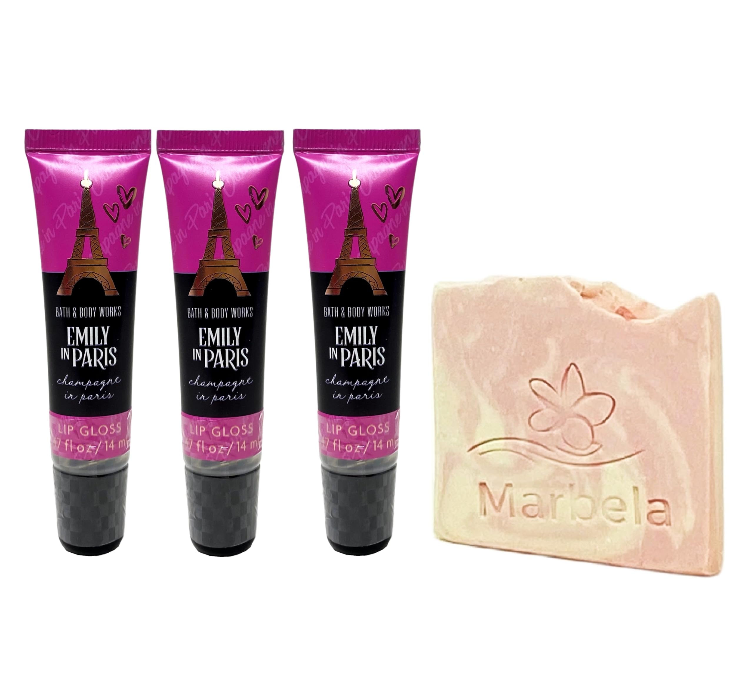 Bath & Body Works Emily In Paris 3 Pack Champagne In Paris Lip Gloss Gift Set Bundle with a Himalayan Salts Springs Sample Soap