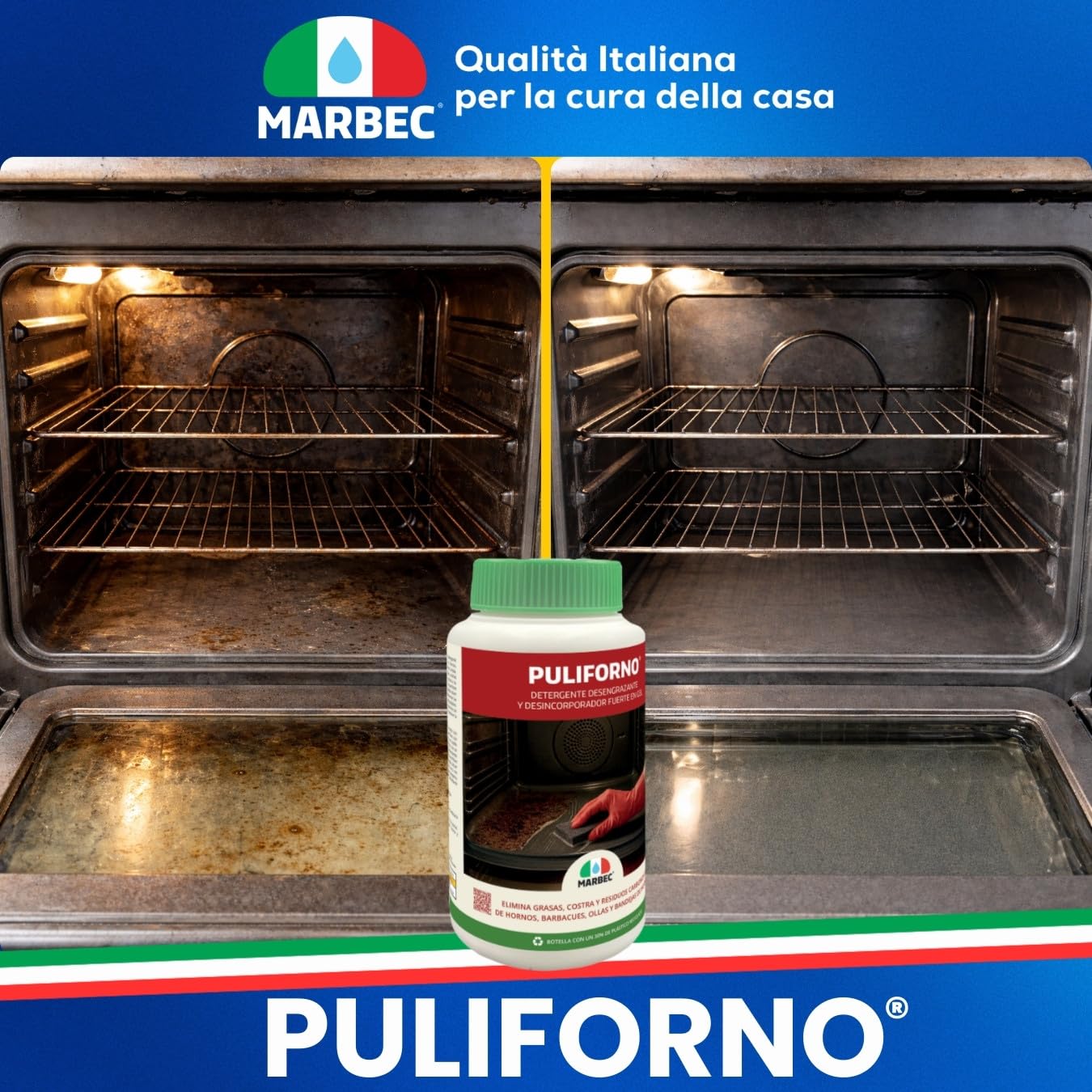 MARBEC PULIFORNO® 1KGX6Uds Gel detergente desincrustante para hornos y barbacoas, elimina grasa y costras negras, se adhiere a superficies verticales, sin disolventes.