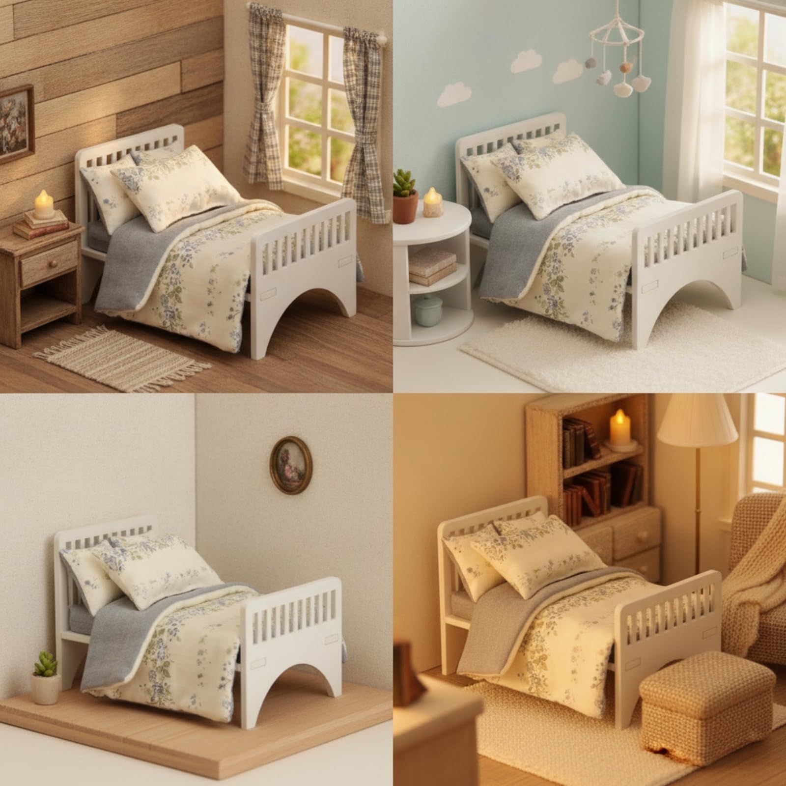 Letto in Legno per Casa Delle Bambole | Elegante, Sicuro, Letto per Bambole con Materassi e Cuscini, Diorama, Bambini, Collezionisti,
