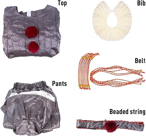 Miniatura 5 de Disfraz de payaso de Halloween, película de miedo, maquillaje de película de miedo, disfraz de cosplay para niños adultos (plateado)