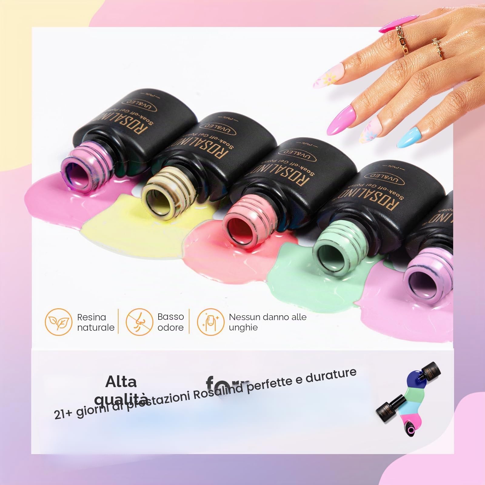 ROSALIND Kit Semipermanente Unghie con 48W UV LED Lampada 60+5 Pezzi | Kit Unghie Gel Completo Rosa Giallo Blu Verde Viola Colori Mini, Kit Smalto Semipermanente Completo Smalto Unghie Regalo