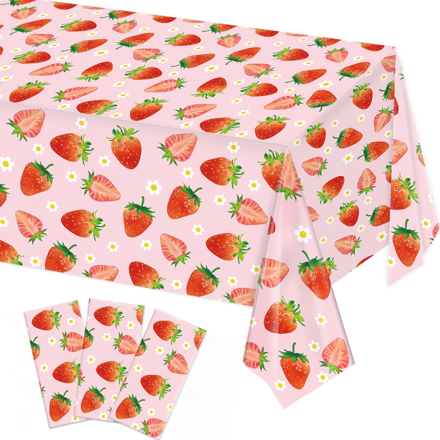 3 Pack Strawberry Tablecloths Strawberry Birthday Plastic Table Cover for Berry First Birthday Decor Baby Shower Party Decorations, 54 x 108 Inch