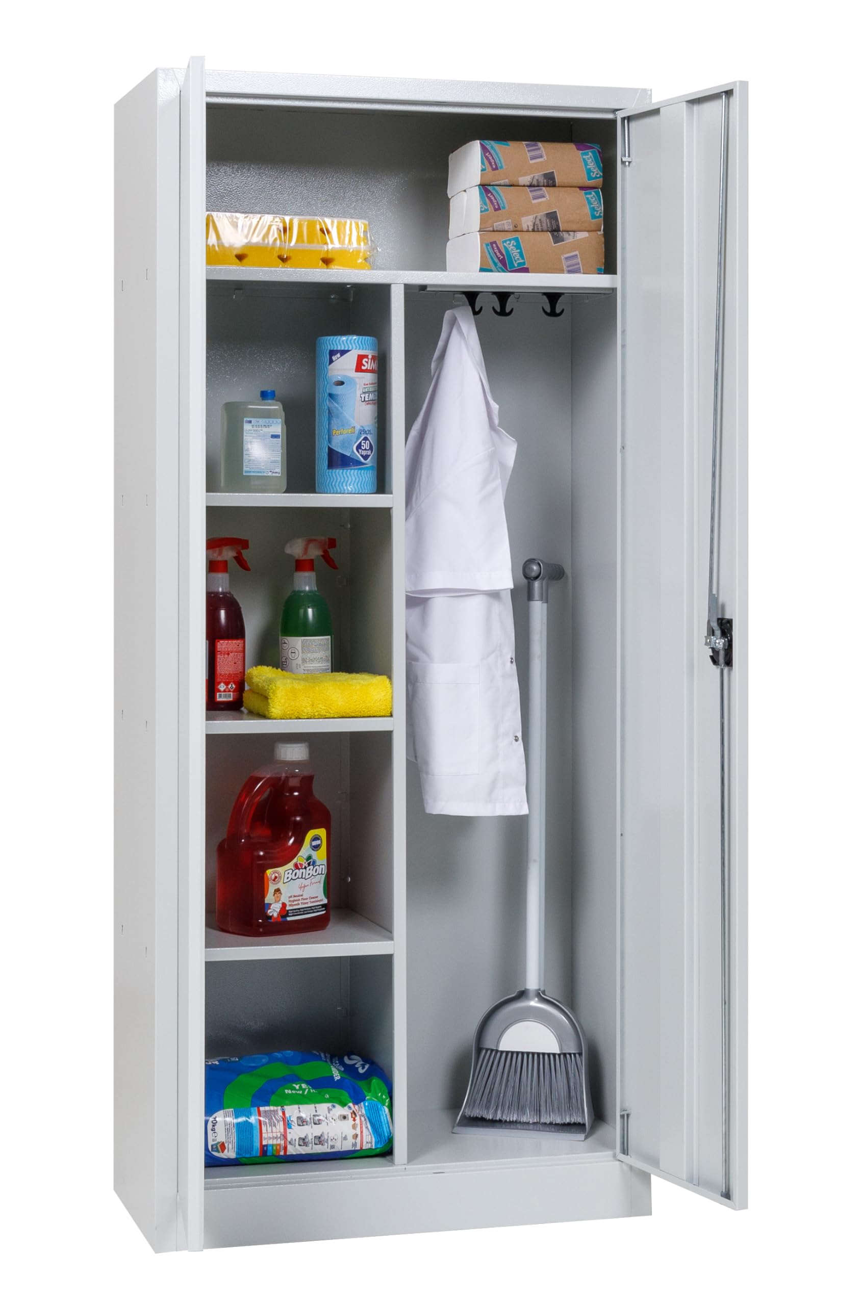 furni24 Metall Putzmittelschrank – Wäscheschrank aus Stahl mit Türen,Dreipunktverriegelung incl. 2 Schlüsseln, Garderobenstange, großen Fächern, Hutablage, fertig montiert - Grau, XXL 80x180x40cm