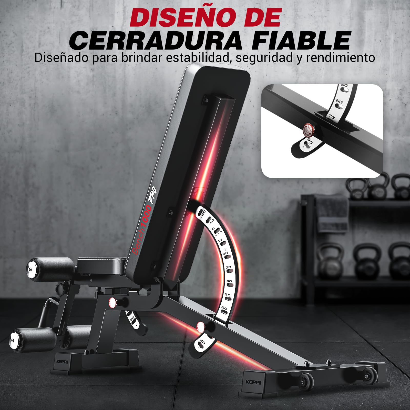 Keppi Banco Musculación, con Capacidad de 600 kg, Banco de Pesas Multifuncional y Banco Abdominales para Entrenamiento en Casa, Incluye Sujetapiés Extraíble y 12+3 Ajustes - Bench1000 Pro