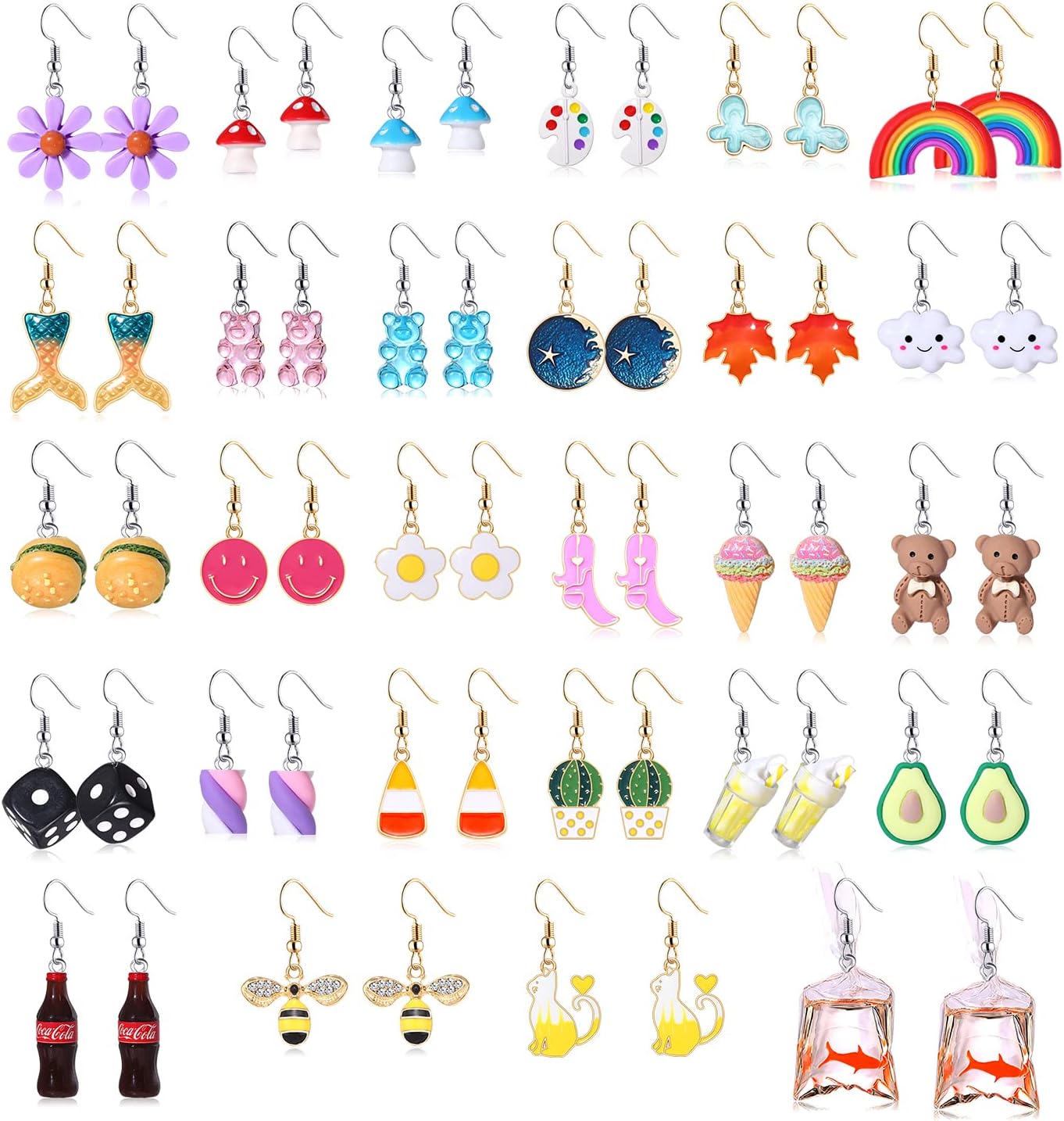 HEIDKRUEGER12/18 Pairs Cute Funny Earrings Weird Earrings Mushroom Goldfish Water Bottle Earrings Milk Tea Dangle Earrings Bulk for Women