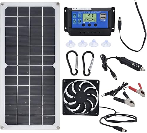 Kit de panel solar, silicona monocristalina, panel solar de 10 W, controladorventilador 60A, equipado con puertos USB hembra duales, ventilador de