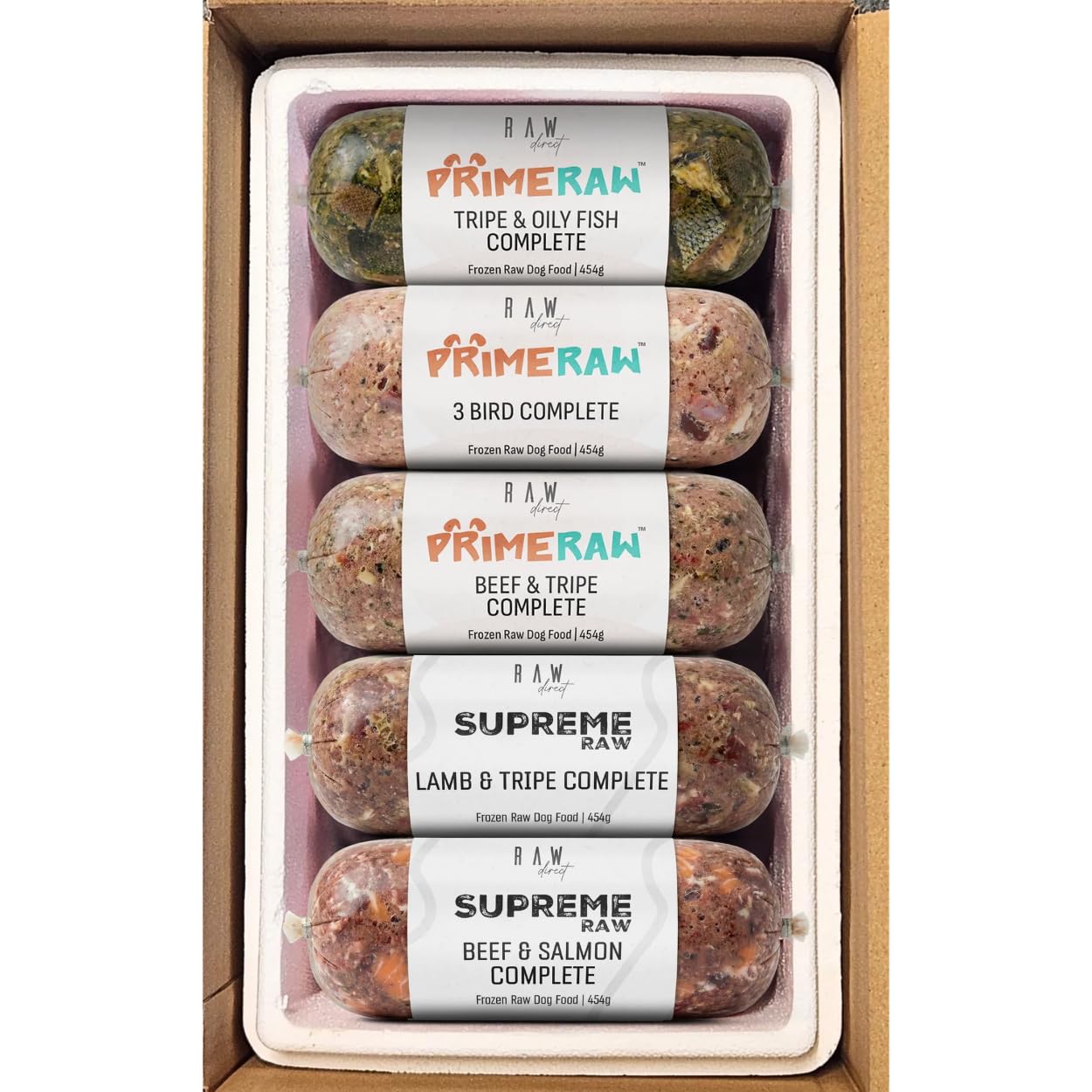RAW DIRECT Prime Raw Frozen BARF Dog Food – 454g Rolls | 20 or 30 Rolls Pack | Premium Natural Barf Diet | High-Protein, Grain-Free & Nutrient-Rich (10, Chicken Allergy (No Chicken))