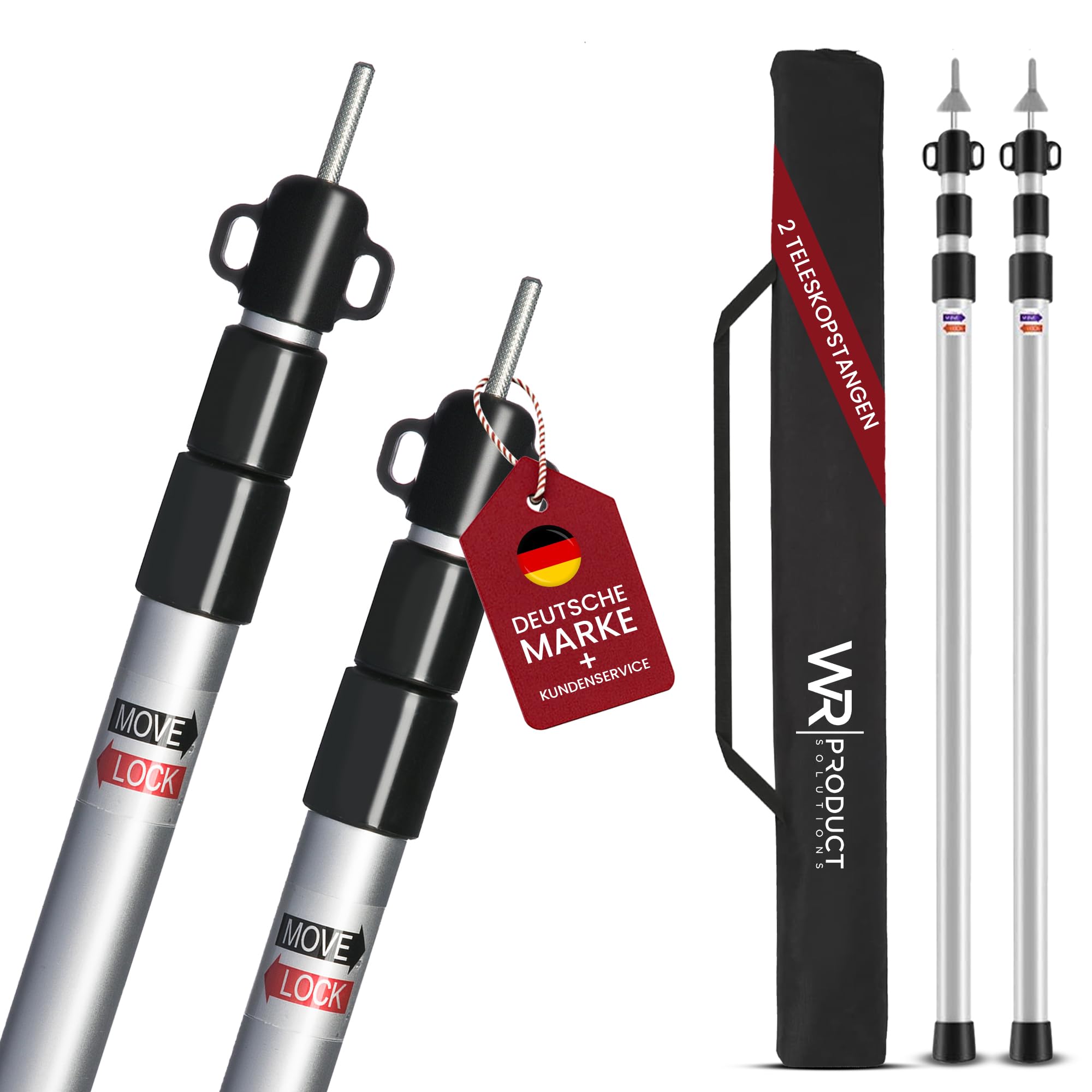 2x Premium Teleskop-Zeltstangen aus Alu + Tasche | Stufenlos 95-230 cm verstellbar | Für Tarps, Planen & Sonnensegel | Ultraleicht (450g/Stange) & Twist-Lock-System