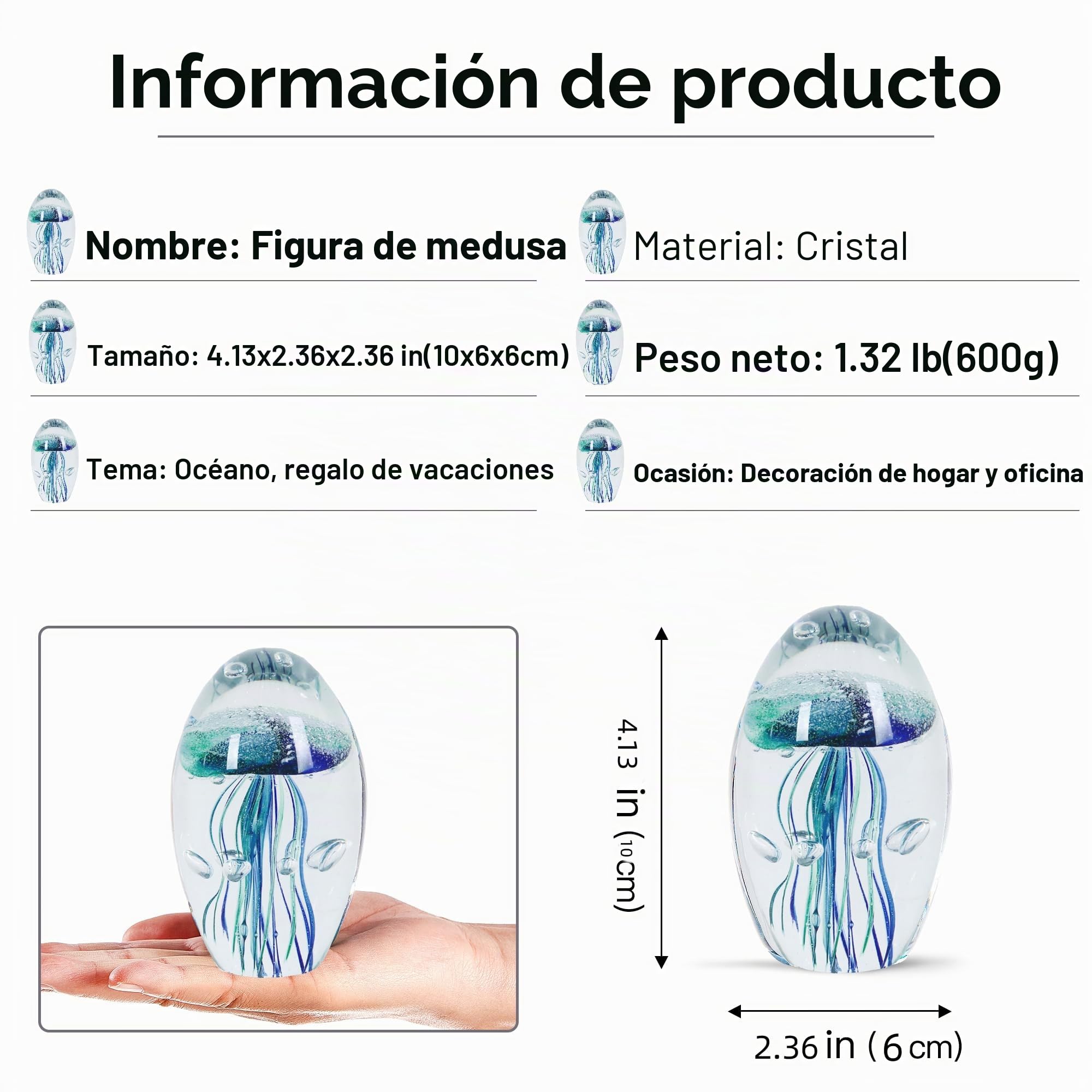 EUSTUMA Adorno de estatuilla de Medusas de Vidrio soplado a Mano, pisapapeles de Vidrio,colección de Animales Marinos para Regalo de cumpleaños, (Medusa Verde Azul 2)