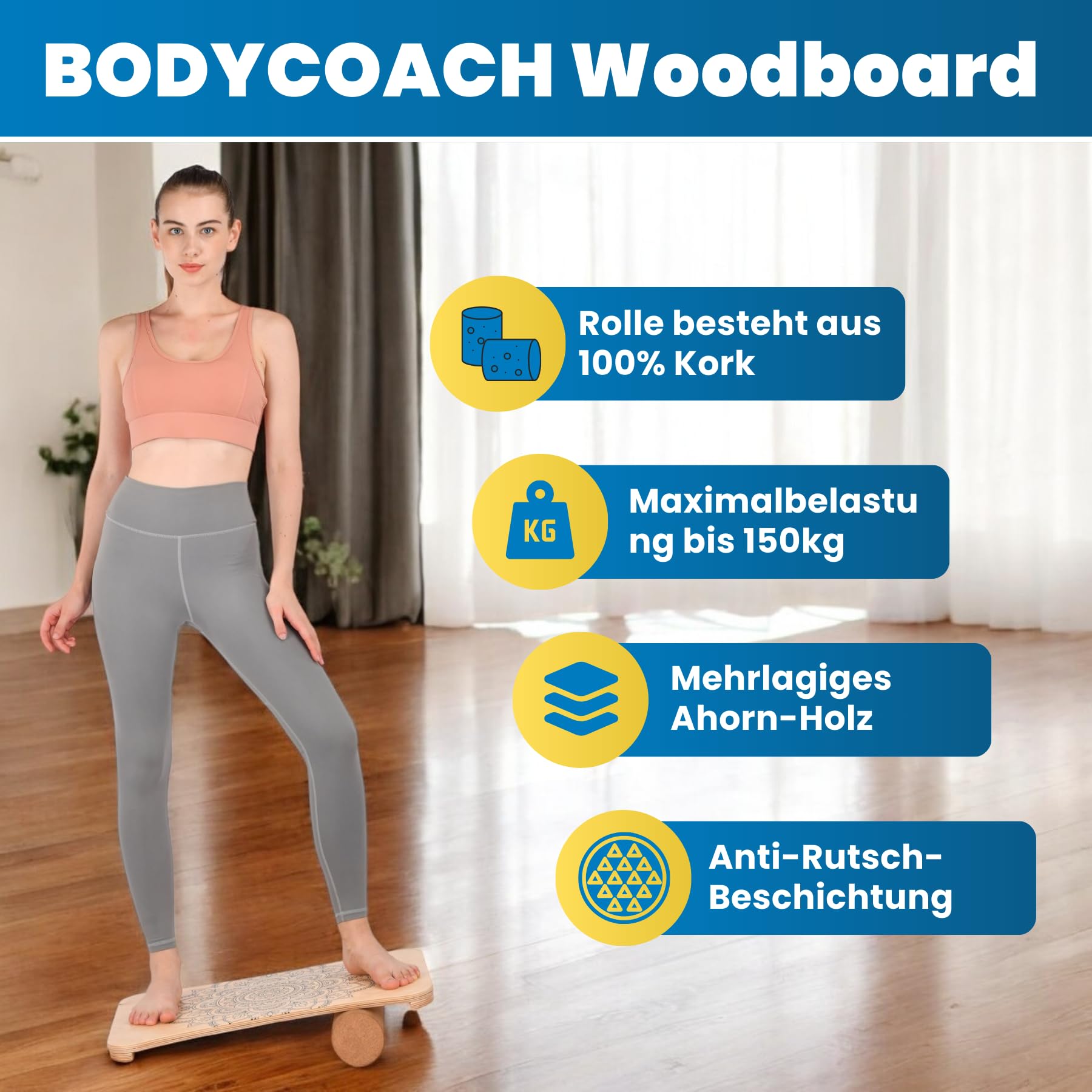 Woodboard Starter Set Balance-Board Ahorn Holz & Kork Rolle Koordination und Balance-Training