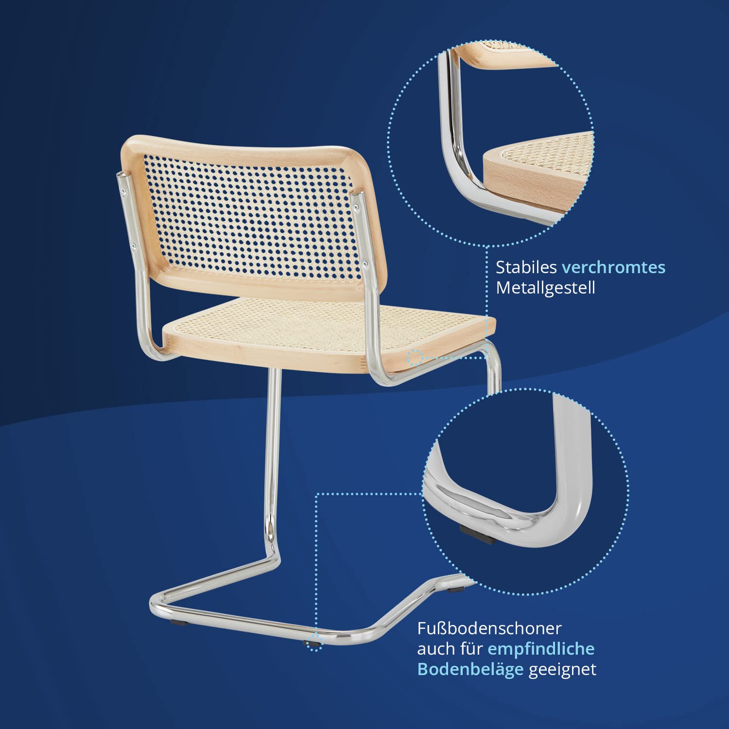 KHG 4er-Set Schwingstuhl Freischwinger Chrom Made in Italy, für Esszimmer | Rückenlehne und Sitzfläche aus Massivholz Buche und Rattan, Esszimmerstuhl, Küchenstuhl Designstuhl mit Wiener Geflecht