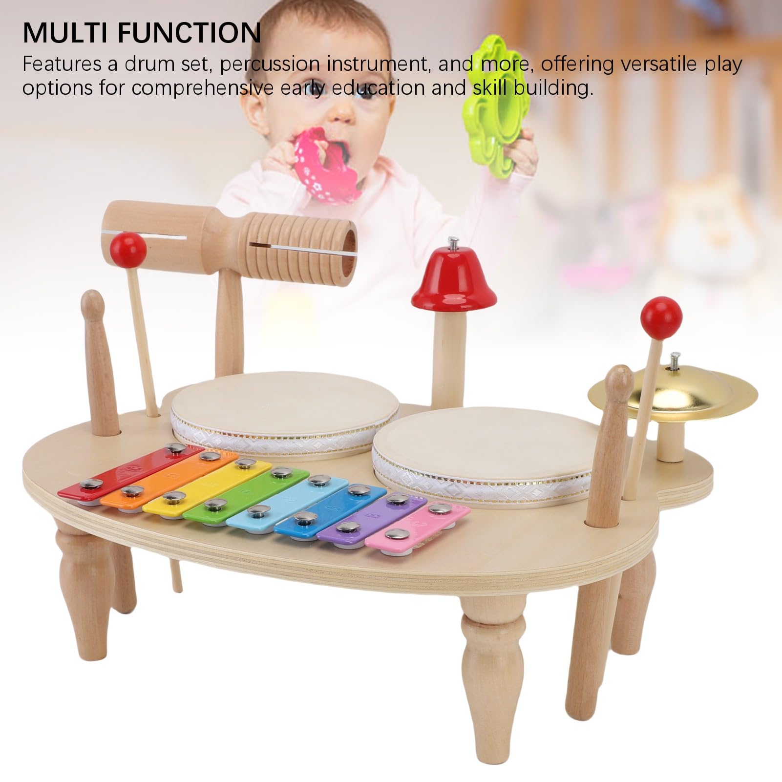 Topiky Giocattolo a Percussione Musicale in Legno per Bambini Piccoli, Set di Batteria Educativa per Coordinazione Occhio-mano con Piatto, Campana e Sonaglio, per Sviluppare abilità Motorie, Regalo di