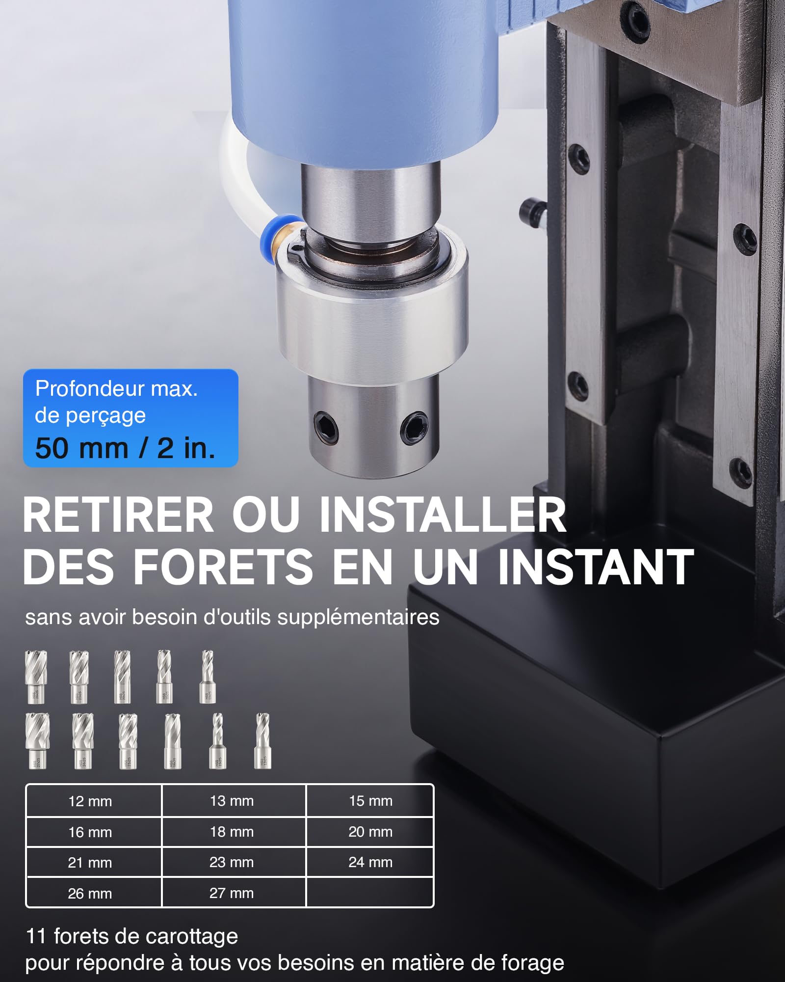 ZELCAN Perceuse Magnétique avec 11 Forets Perceuse à Colonne Électrique Portable 1550W 13900N 650 tr/min Max. Diamètre d'Alésage 50mm Max. Profondeur d'Alésage 50mm