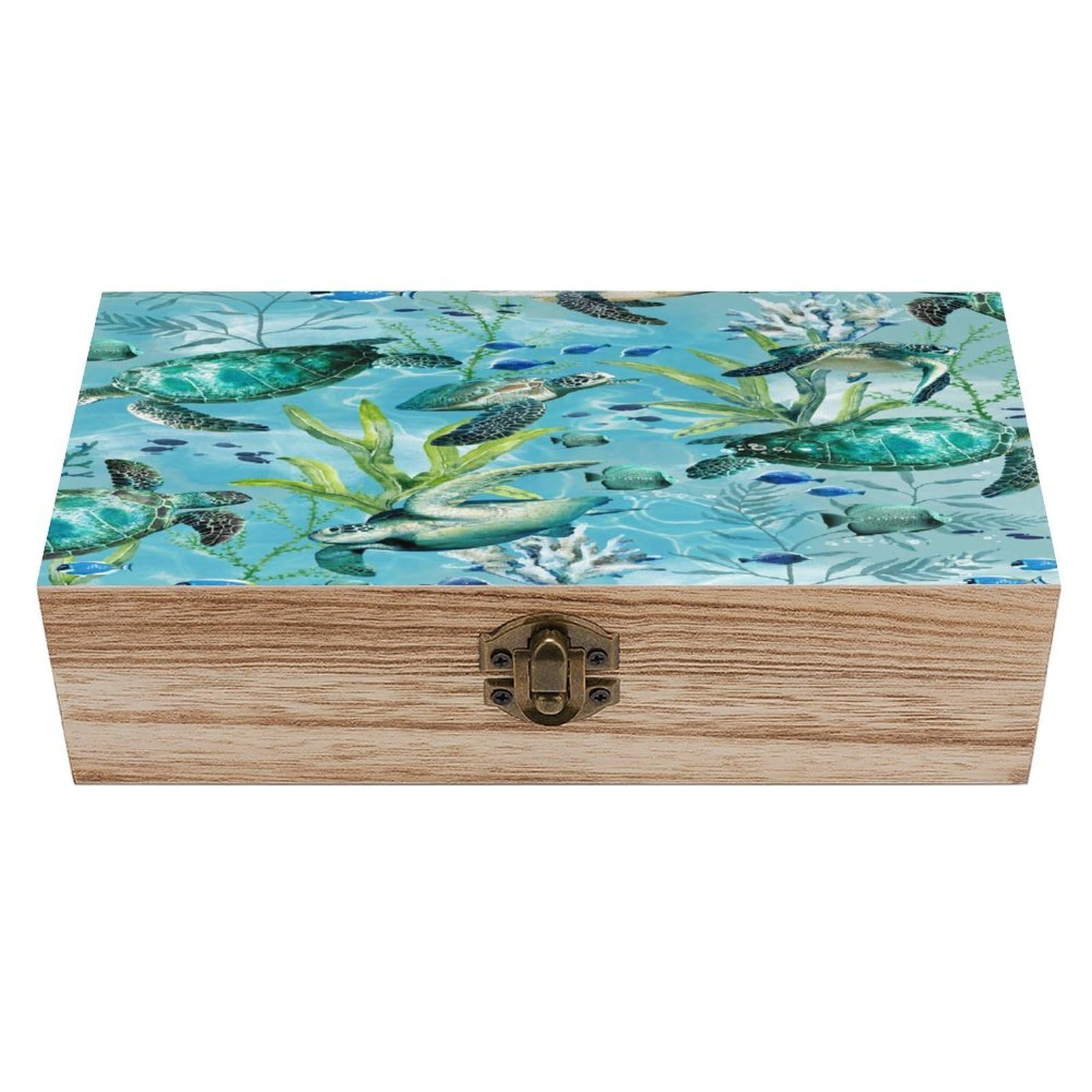VstaDank Sea Turtle-Blue Wooden Storage Box Decorative Jewelry Case with Lids Exquisite Wood Box Letters Gifts Acacia Wood Boxes Fashion Wooden Keepsake Boxes for Men Women