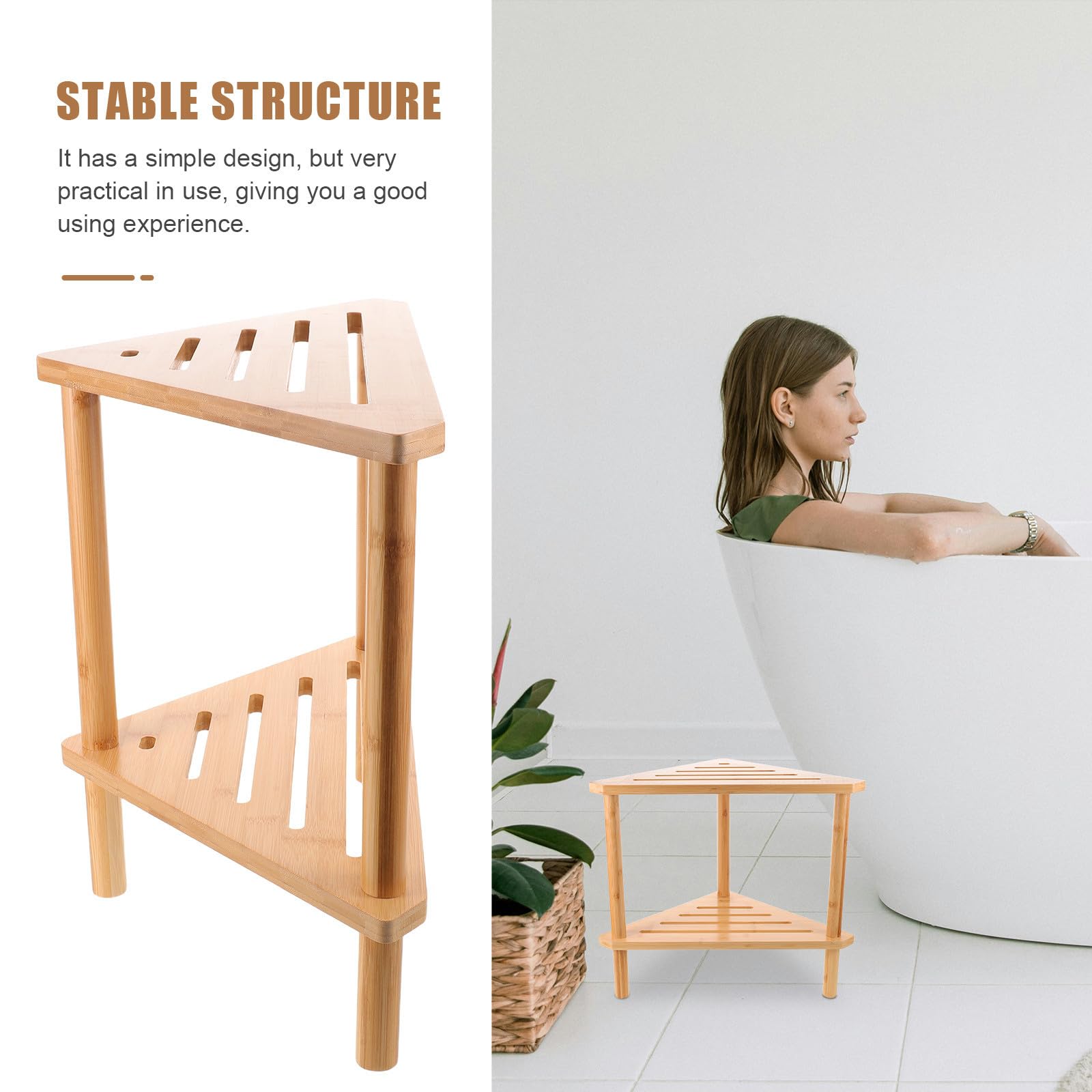 ibasenice Banco para Baño Diseño Triangular Doble Capa, Reposapiés y Taburete para Cambiar Zapatos de Madera y Bambú Base Triangular Ensanchada