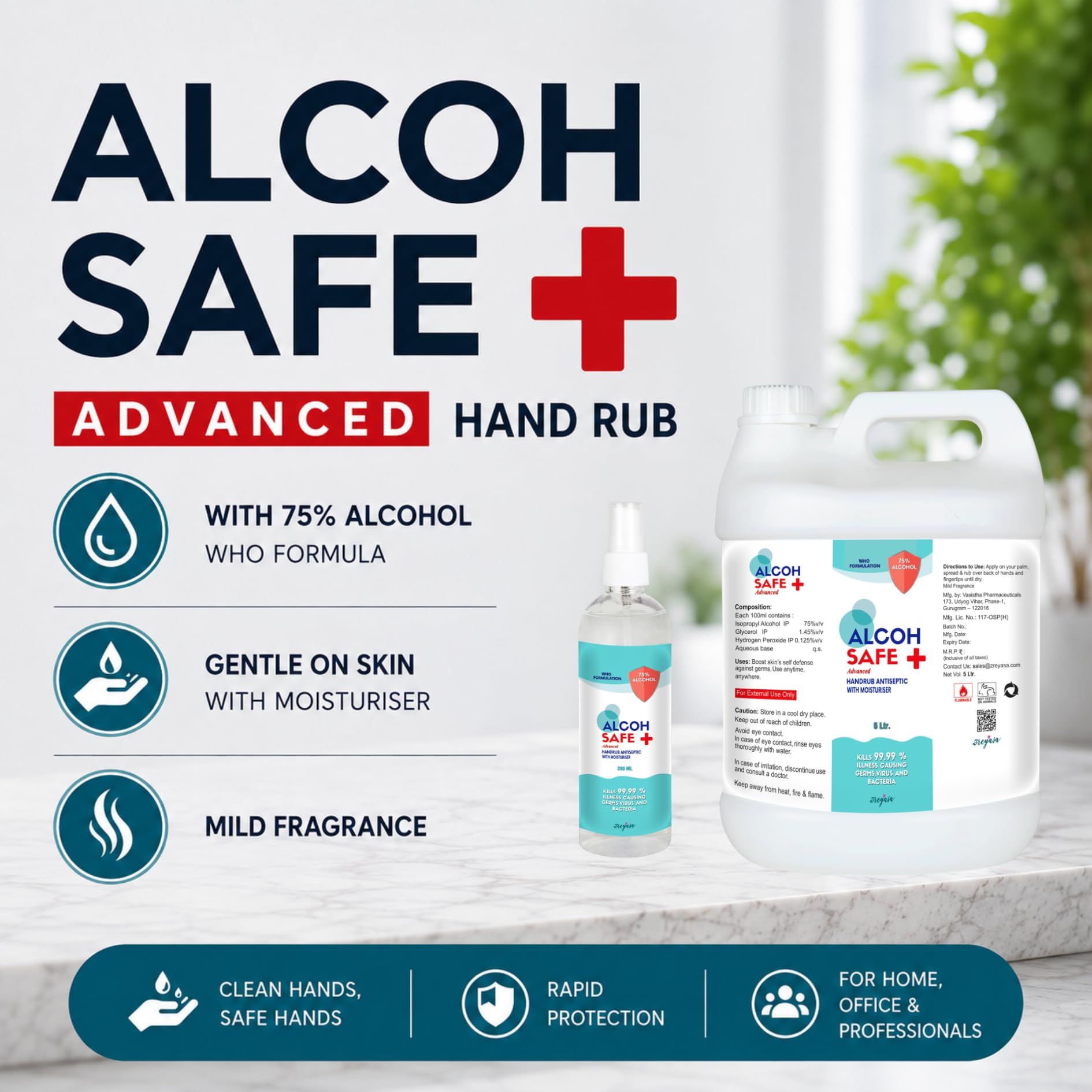 Alcohpure - Alcohsafe Advanced Hand Rub, 75% IPA, WHO Formulation, 500ml (Pack of 2)