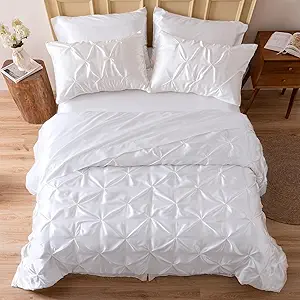 MR&HM Satin Comforter Full 7 Pieces - Luxurious Pinch Pleat Bedding Set with Comforter, Flat Sheet, Fitted Sheet, Pillowcases & Shams, Super Silky Soft Bed Set for All Season (Full, White)