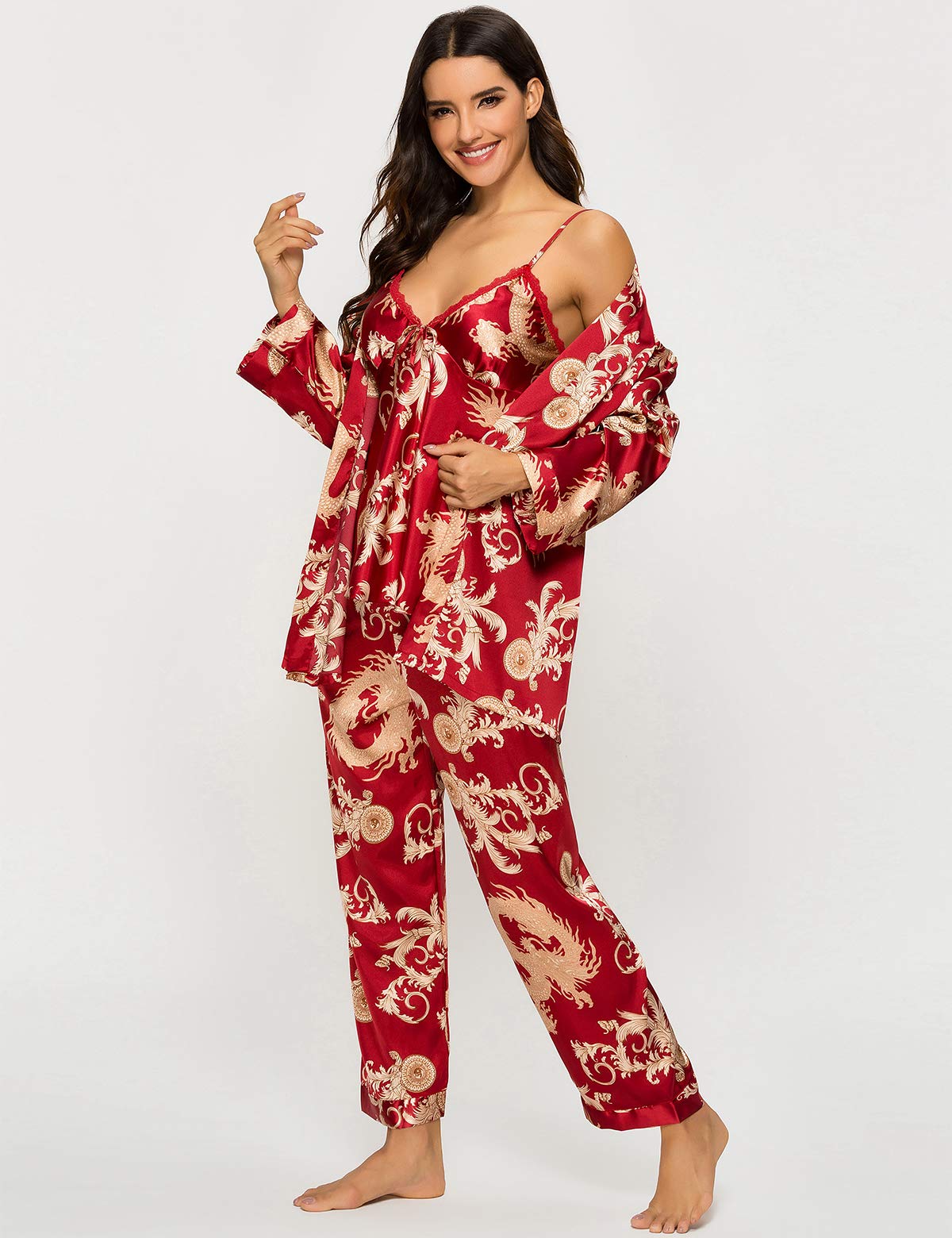 Escalier Ensemble de Pyjama 3 pièces en Satin de Soie pour Femme - Motif Floral Soyeux - Vêtement de Nuit Caraco avec Peignoir et Pantalon, Vin, M