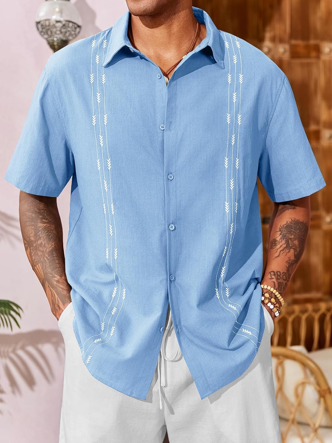 Runcati Mens Linen Shirt Guayabera Cuban Short Sleeve Button Down Cotton Summer Beach Hippie Shirts - Image 2