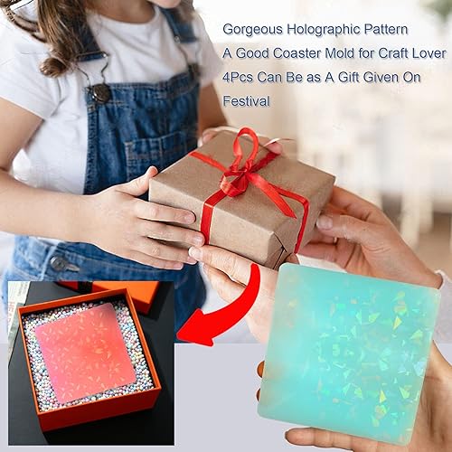 Miniatura 4 de Szecl - 4 moldes holográficos para posavasos de resina epoxi, molde cuadrado de silicona con efecto de luz arco iris, 4 patrones de nieve de 3.35