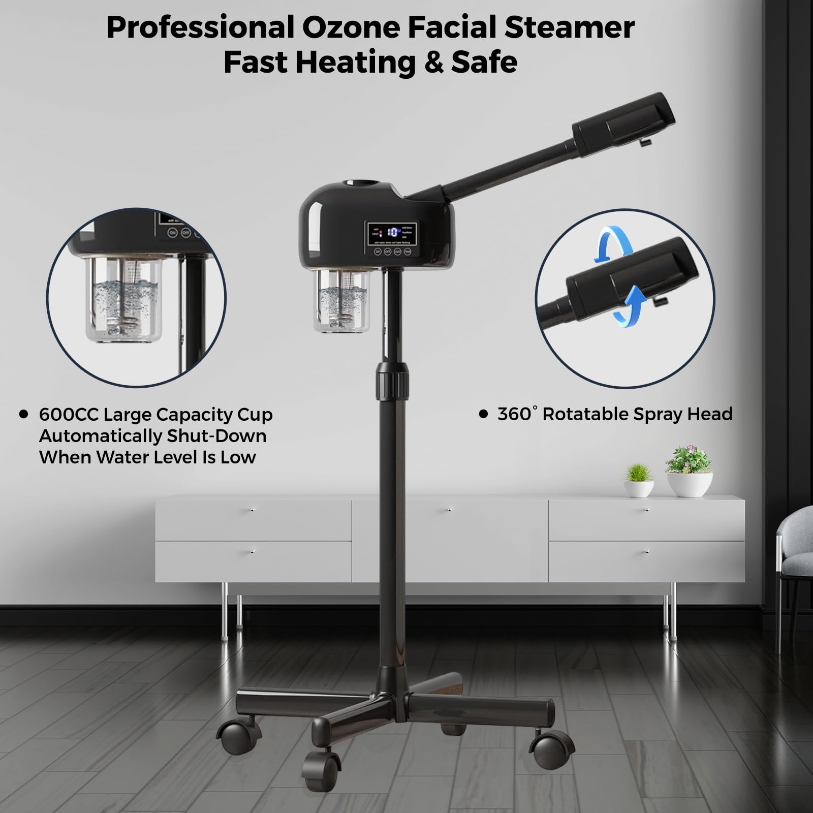 Professional Facial Steamer with Timer, Hot Mist and Wheels