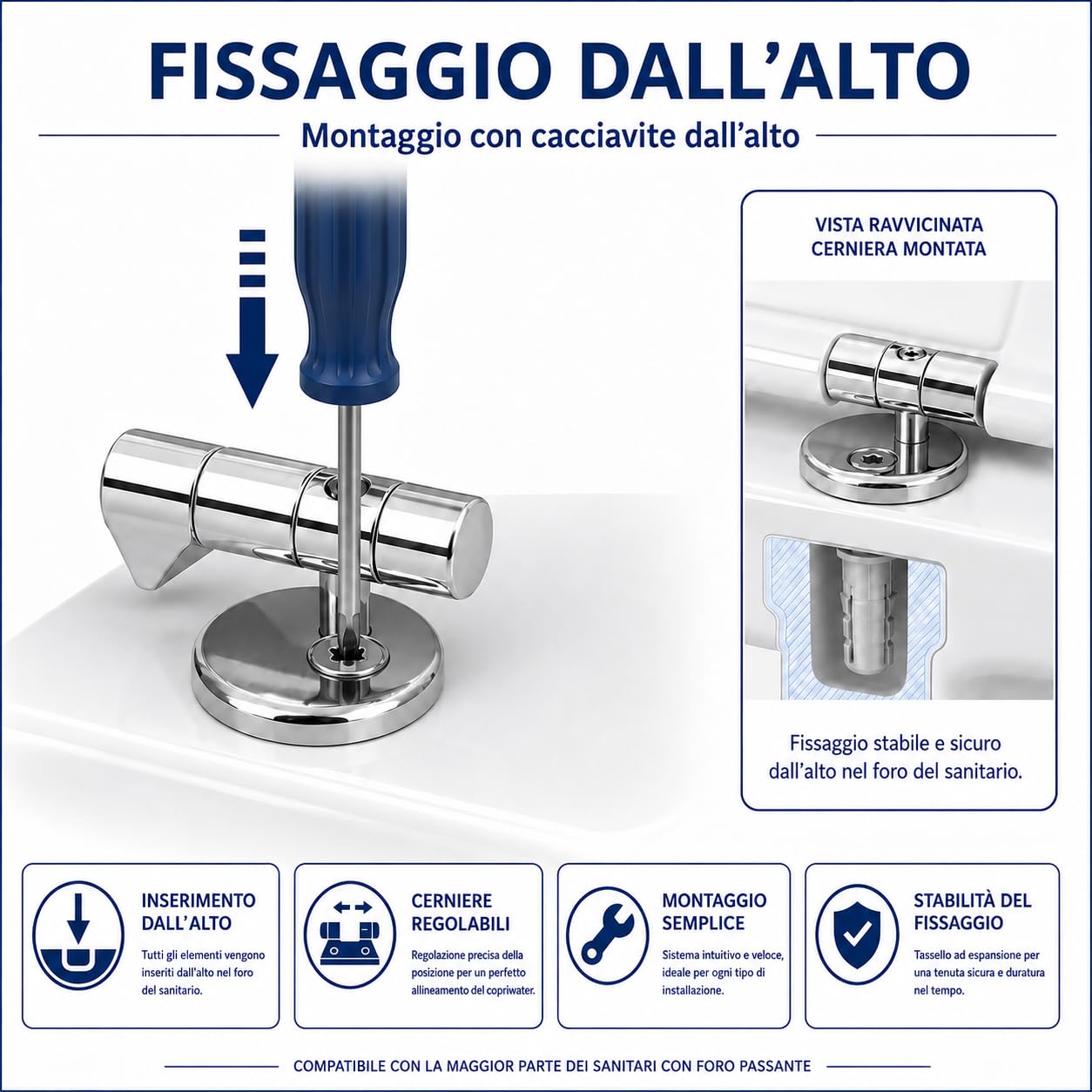 Hydro Home Copriwater Esedra Ideal Standard Compatibile, Sedile WC in MDF Verniciato Bianco, Tavoletta WC con Cerniere in Metallo, Fissaggio dall’Alto
