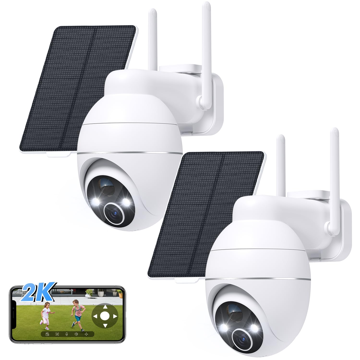 YESKAMOU Cámara Vigilancia WiFi Exterior Solar- 2K Camara Vigilancia Domicilio Wi-Fi 2.4GHz, Camaras de Vigilancia sin Cables, 360° PTZ, Visión Nocturna Color, Audio Bidireccional, PIR Sirena, 2pz