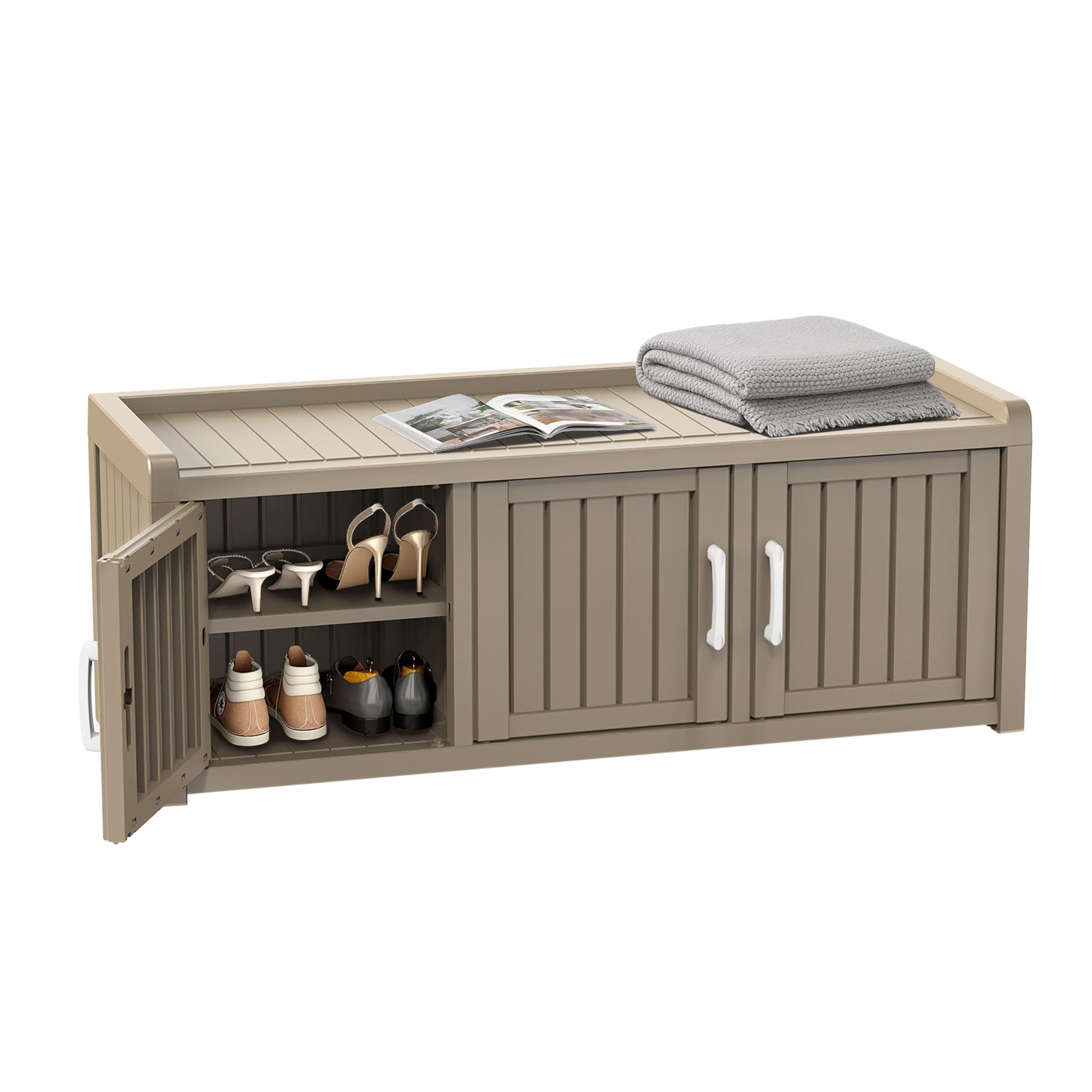 ROJIK Shoe Cabinet Waterproof UV-Resistant,Storage Bench Indoor Outdoor with Adjustable Shelves,for Entryway Bedroom,Hallway,Living Room(3 Door,Grey)