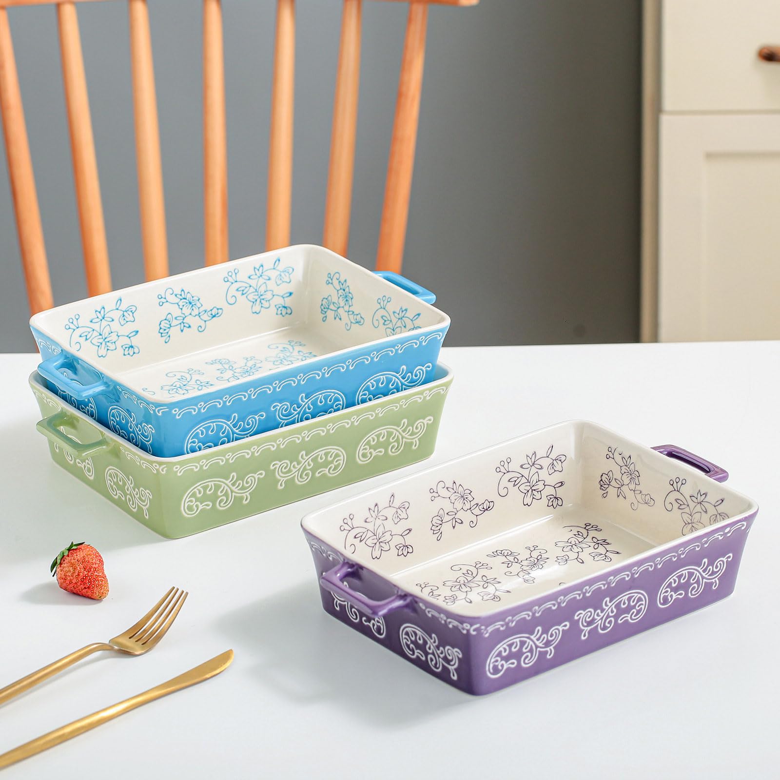 Cuencos Aperitivos Fuente De Horno Rectangular CeráMica PúRpura Con Estampado Floral Dos Asas Aptas Para Horno Lavavajillas Guisos Regalo-A
