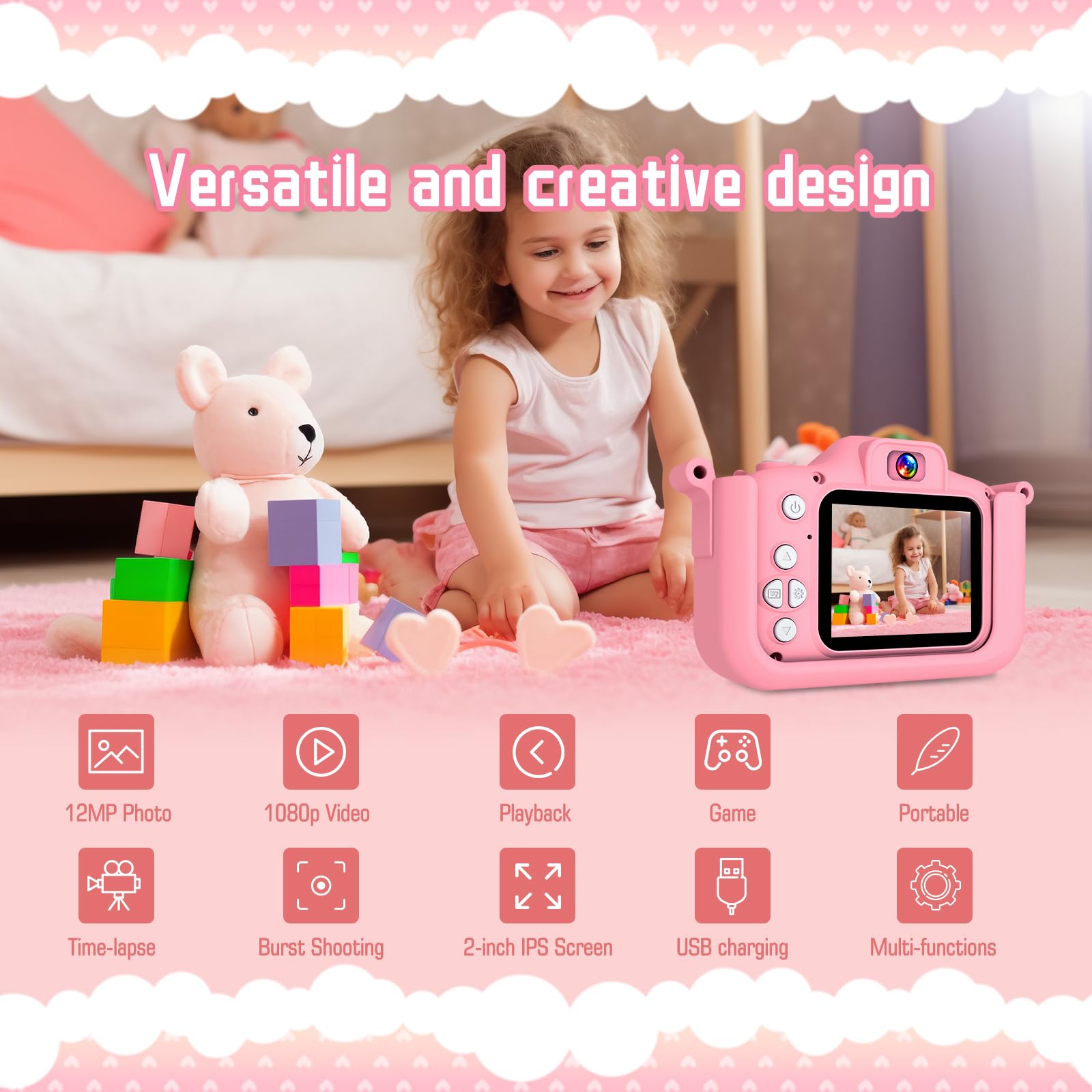 Macchina Fotografica Bambini, Schermo HD 1080P, Mini Ricaricabile Fotocamera Digitale con scheda TF da 32 GB, lettore di schede USB, Regali di compleanno e di Natale per Bambine dai 3 ai 12 Anni