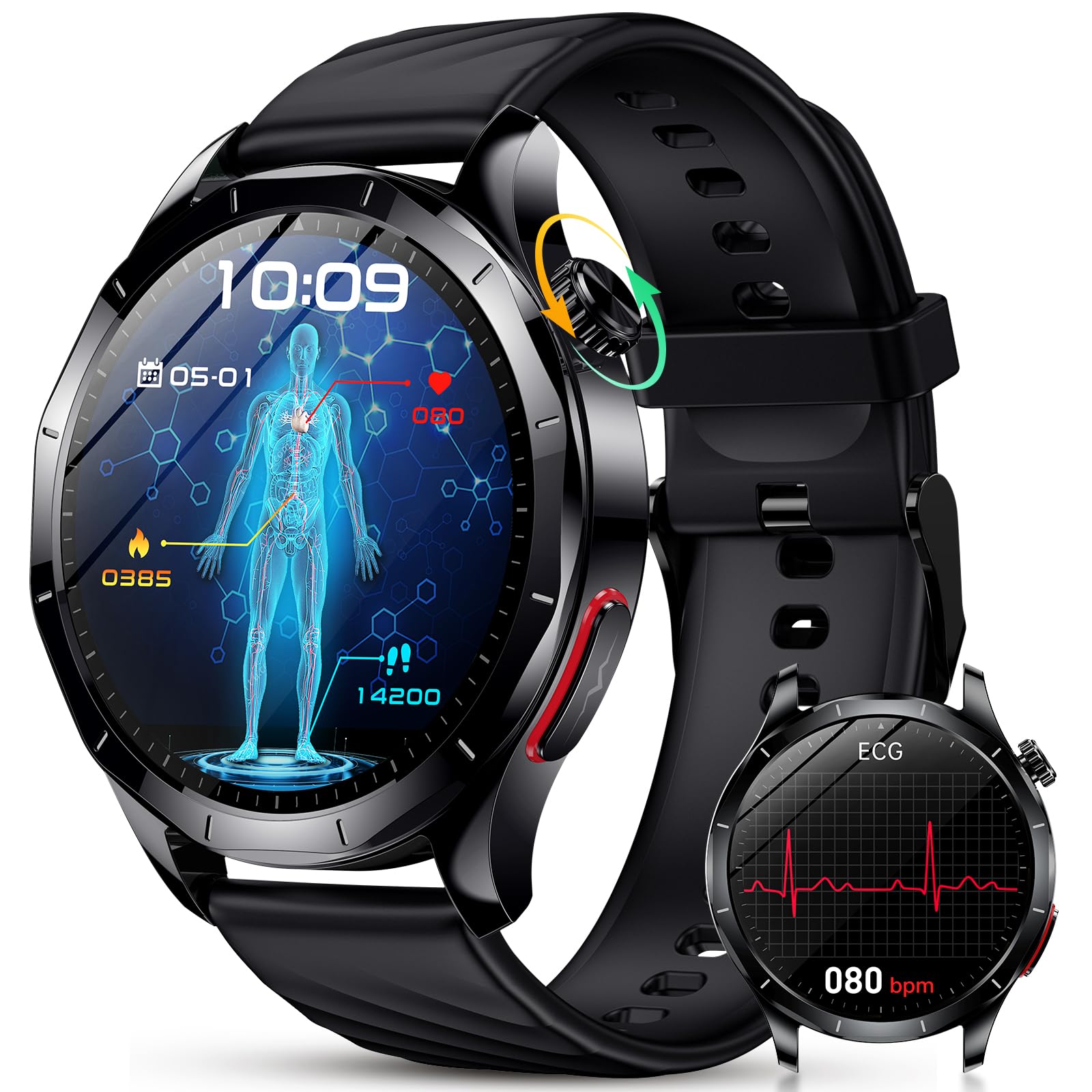 YUPENG Smartwatch Uomo, 1.43" AMOLED Orologio 𝐆li𝐜𝐞m𝐢𝐚/ECG/HRV//Acido Urico/Lipidi, 24H Pressione Sanguigna, Cardiofrequenzimetro, Sonno, Chiamate, SOS, IP68 Fitness Tracker per Android e iOS