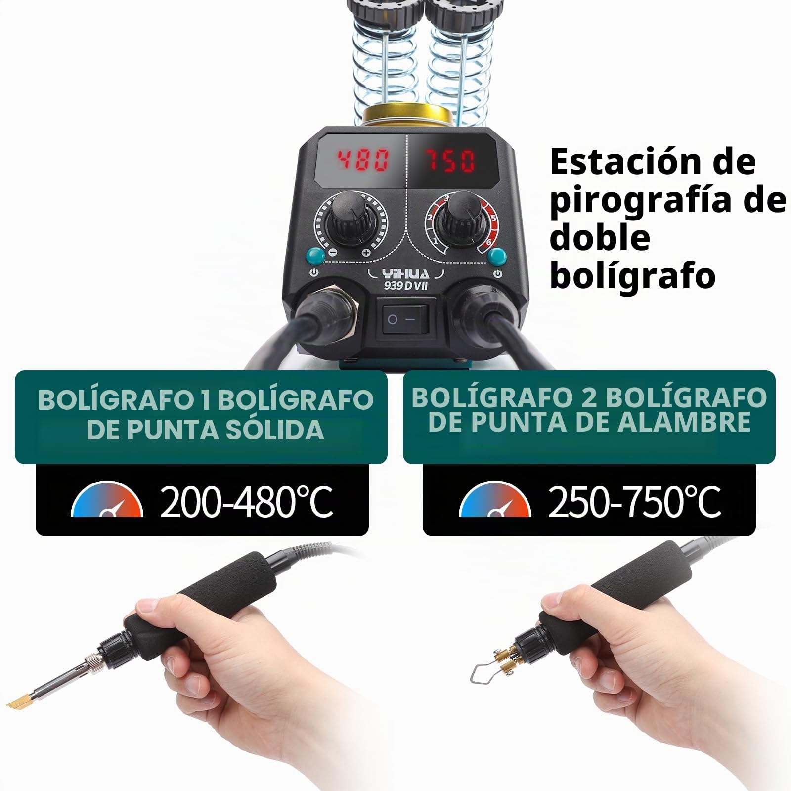 YIHUA 939D-VII pirograbador de madera- Kit de bquemador de madera - Estación 2 en 1 Punto Sólido 200-480°C (con pantalla de temperatura) / Punto de Alambre 250-750°C con 23 Puntas, 25 Puntos Sólidos