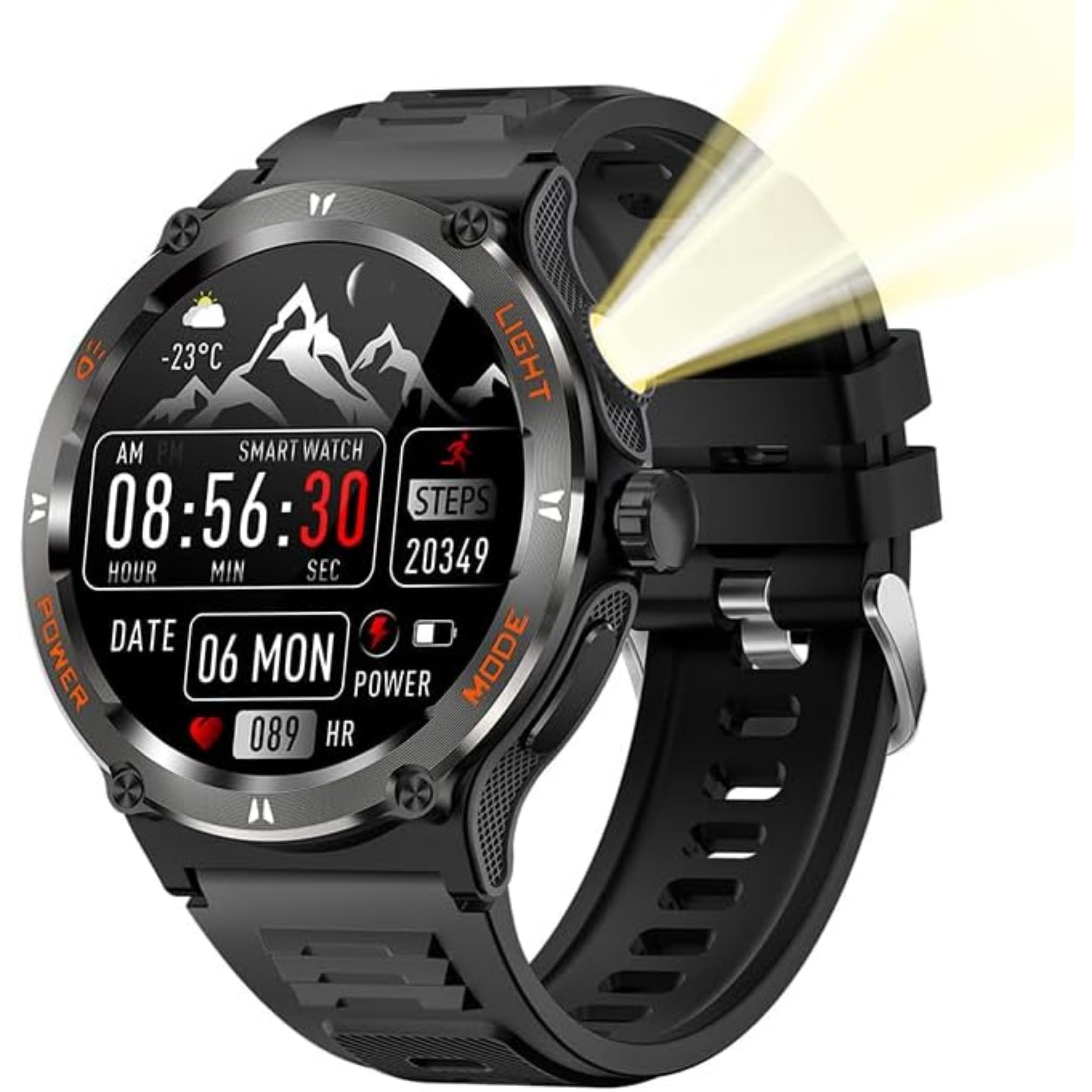 Montre Connectée Homme Sport Watch 1.53" HD 3ATM Etanche Smartwatch Militaire Boussole Torche LED Fréquence Cardiaque SpO2 Noir