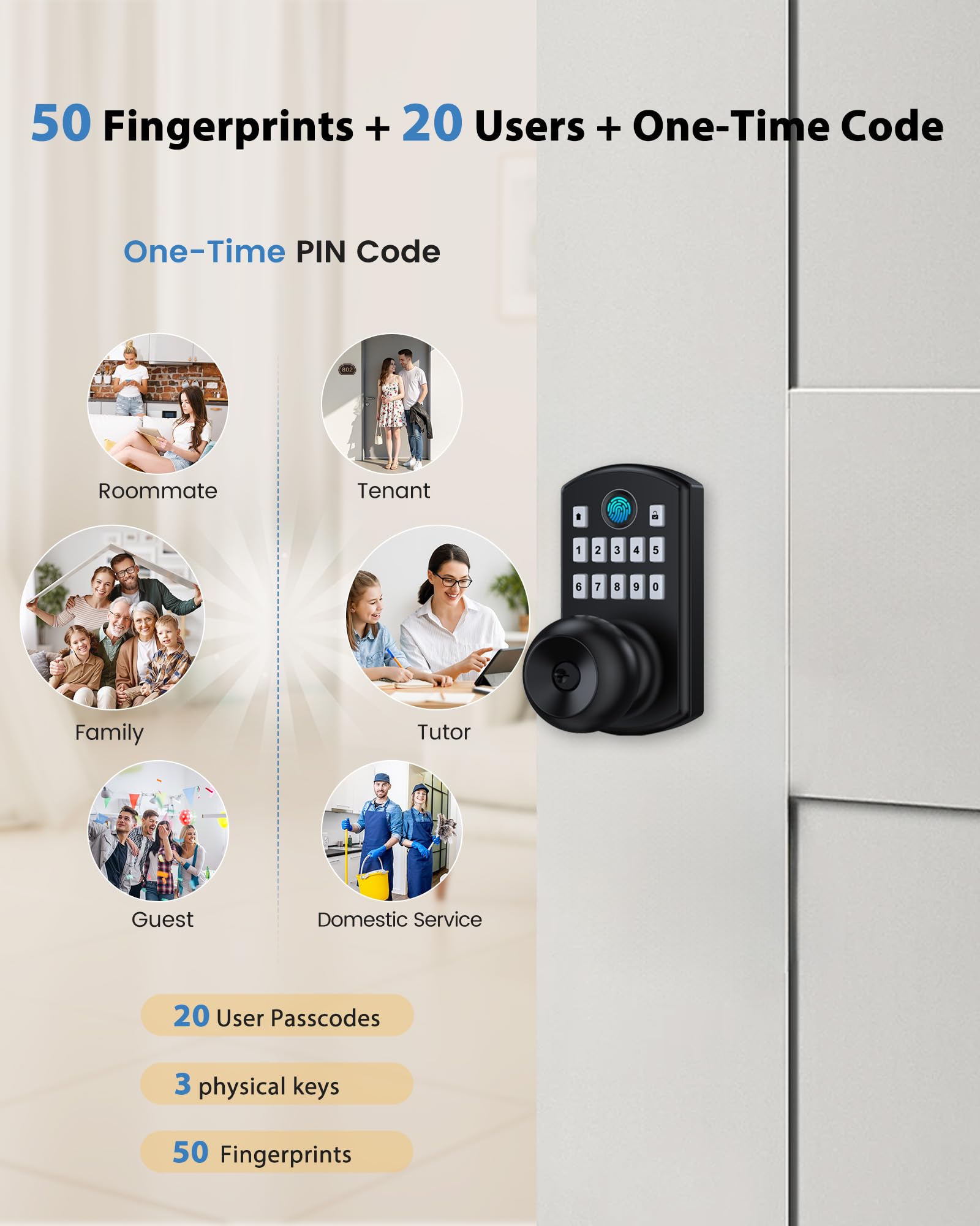 Hidalife Pomello intelligente con tastiera, impronta digitale, serratura senza chiave per porta d'ingresso, modalità di passaggio facile, codice monouso, nero opaco