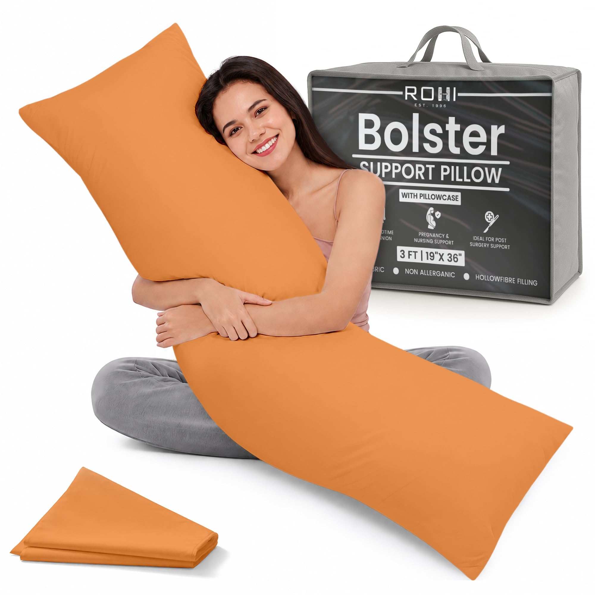 Rohi Peach 6Ft Full Body Pillow With Pillowcase–Hollowfibre Filling – Orthopaedic 19"X 72" Super King Bed Size Long Pillow –Bolster Pillow For Maternity, Back & Neck Support –Side Sleeper Pillow