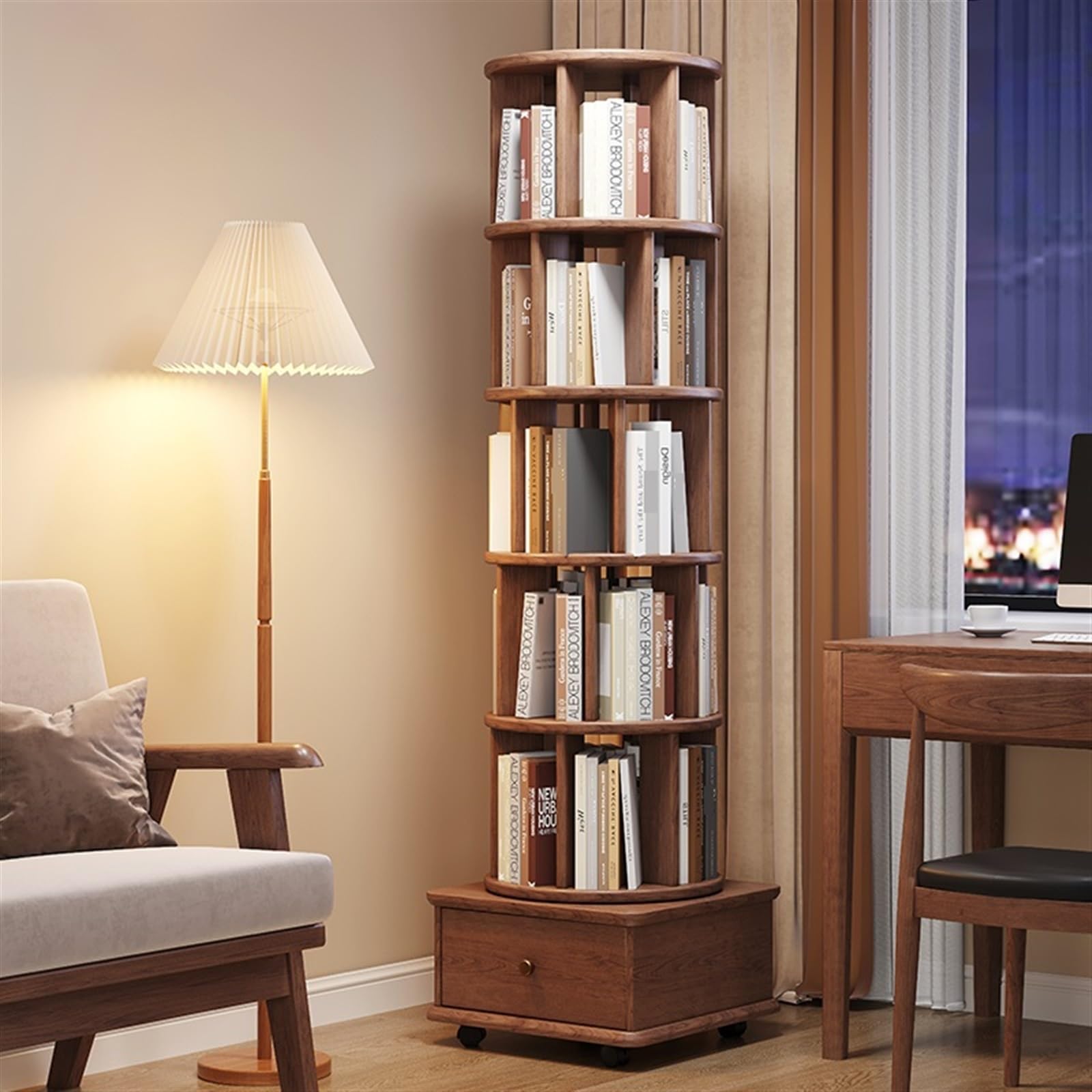 Buchaufbewahrung Drehbares Bücherregal, 360-Grad-Bücherregal, Aufbewahrungsregal for Haushaltsbücher, bewegliches Bodenregal aus Massivholz