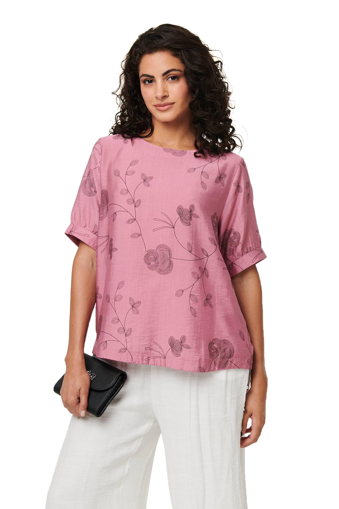 Izabel London Women's Pink Floral Short Puff Sleeve Blouse Top