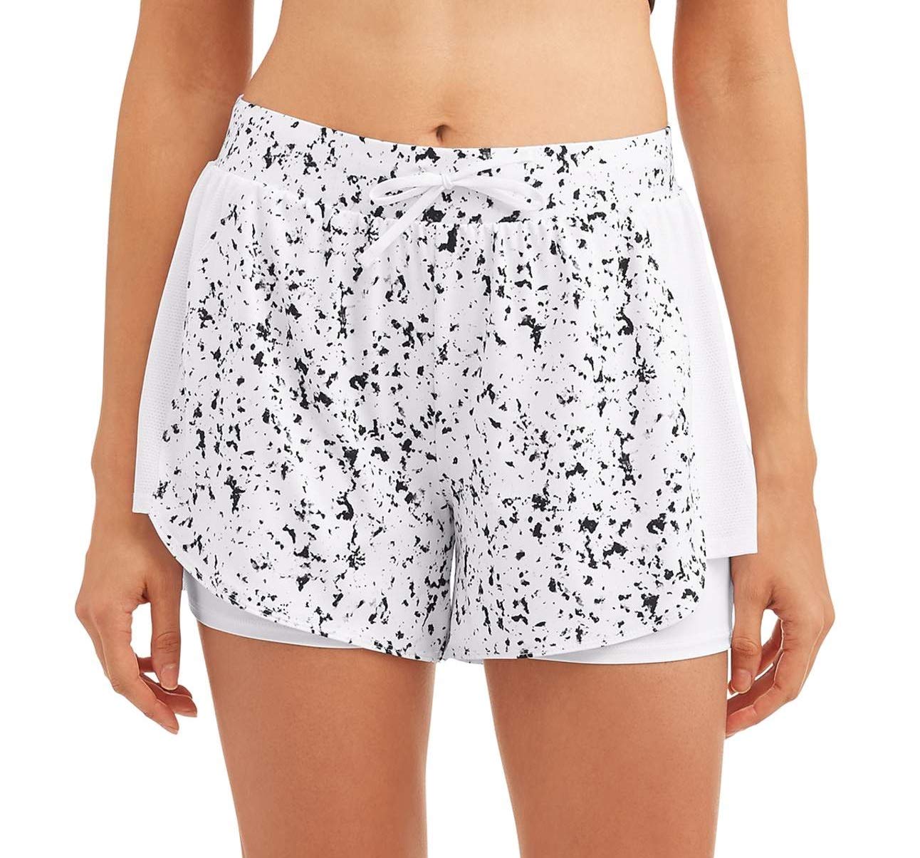 Avia Women's Athletic Performance Running Short with Bike Liner (White/Black Speckle, Small S, 4-6)