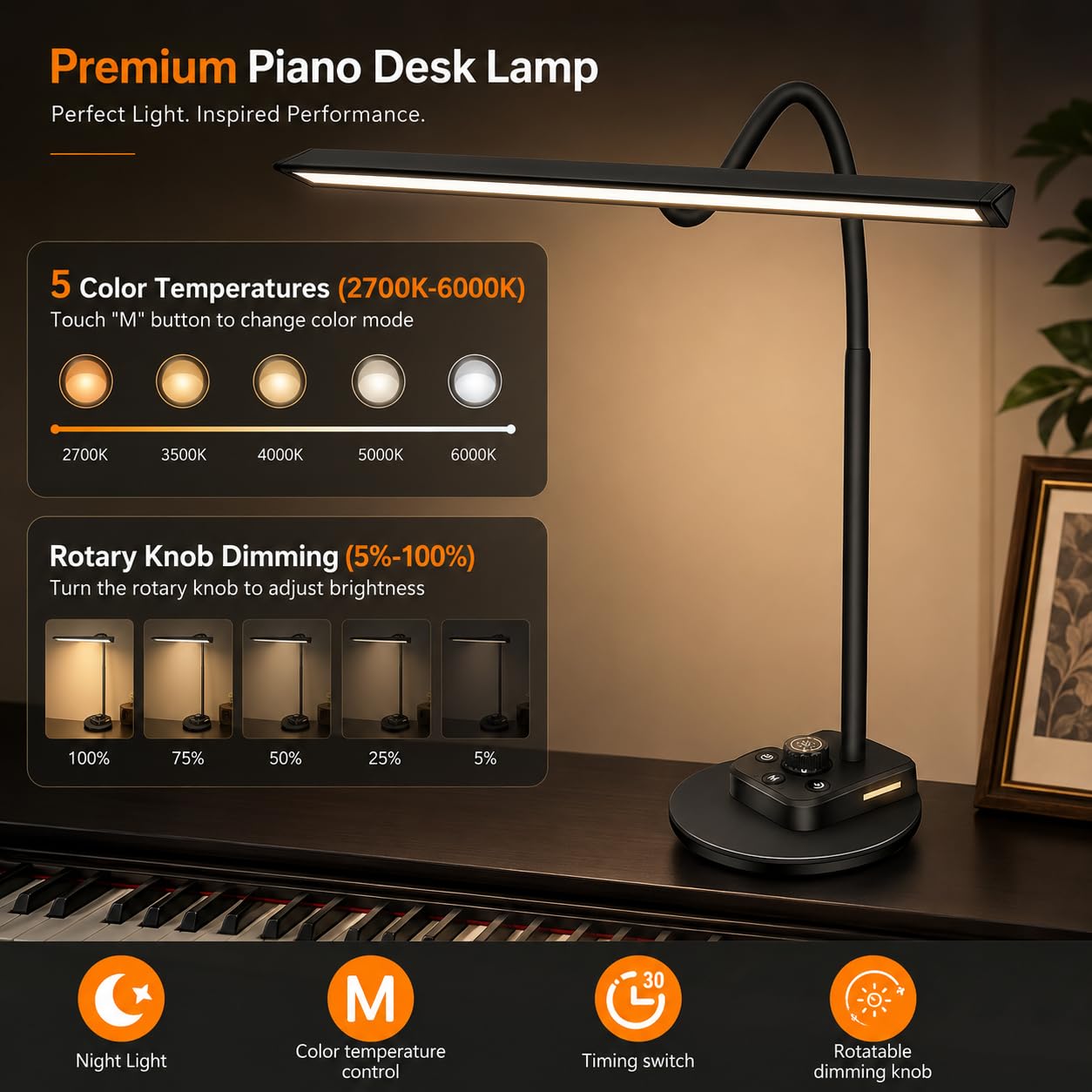 Luz de piano para pianos grandes y verticales, lámpara LED regulable con 5 modos, carga USB, temporizador de apagado automático, diseño de cuello de cisne ajustable, perfecto para músicos