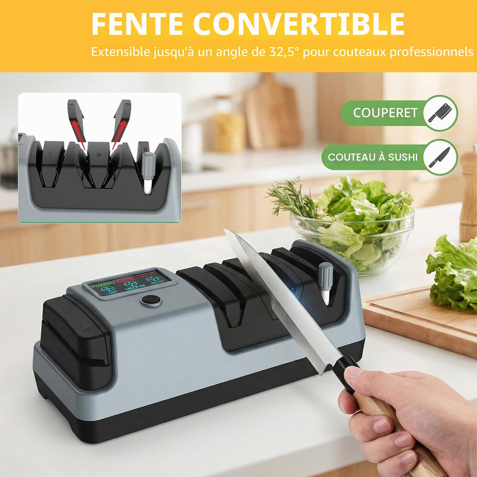 Aiguiseur de couteaux électrique avec écran LCD, 3 vitesses réglables, eguiseur de couteau professionnel pour couteaux droits, dentelés et en céramique et ciseaux