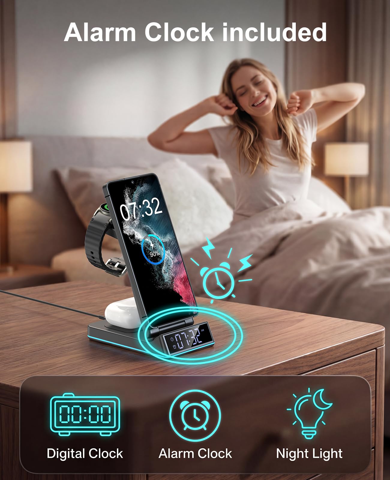 Cargador inalámbrico para Samsung, estación de carga inalámbrica 3 en 1, soporte plegable de carga rápida con luz nocturna/reloj despertador para Samsung Galaxy S25 Ultra/S24/S23/S22/S21/Galaxy Watch