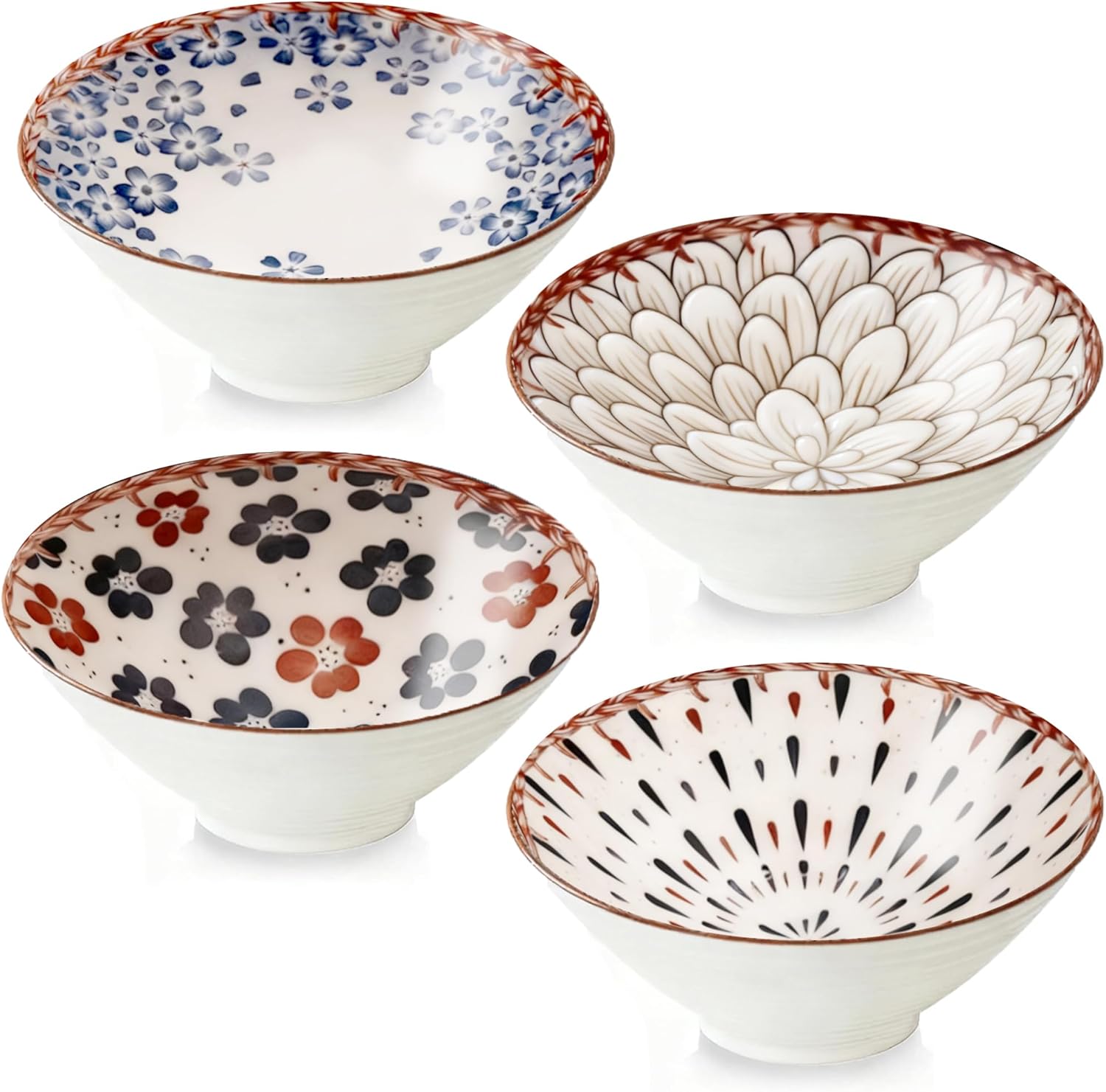 Ceramic Ramen Bowl Set of 4, 8 Inch 38oz-Great for Pho, Miso Udon Soup, Instant Noodles, Serving -Dishwasher and Microwave Safe, Wickerwork pattern, Japanese Style