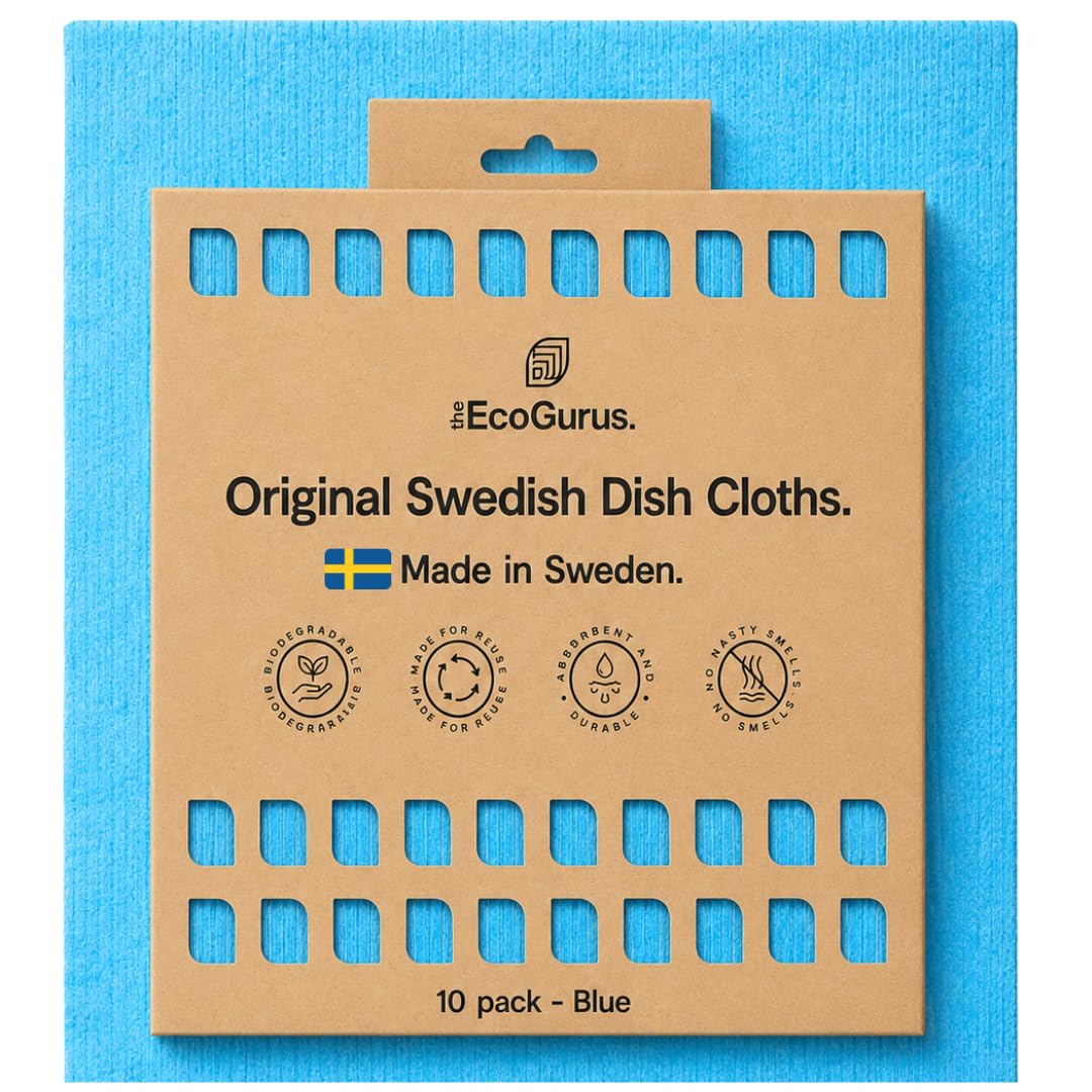 The EcoGurus 10 Pack Odour-Resistant Reusable Cleaning Cloths | Original Swedish Dishcloth | Made in Sweden | Suitable for All Surfaces | Biodegradable Cellulose Sponge | Kitchen & Bathroom | Blue