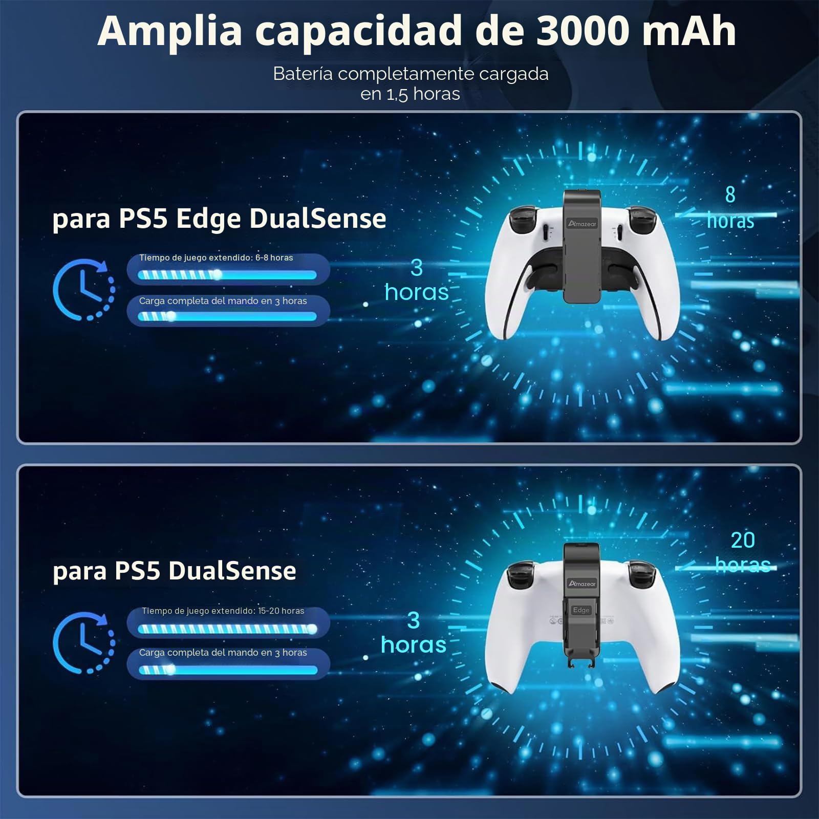 AMAZEAR Pack de batería para Mando PS5 DualSense, Accesorios PlayStation 5, 3000 mAh, Cargador rápido, batería Adicional portátil Recargable para PS5 Edge o Controlador de Juego estándar (Negro)