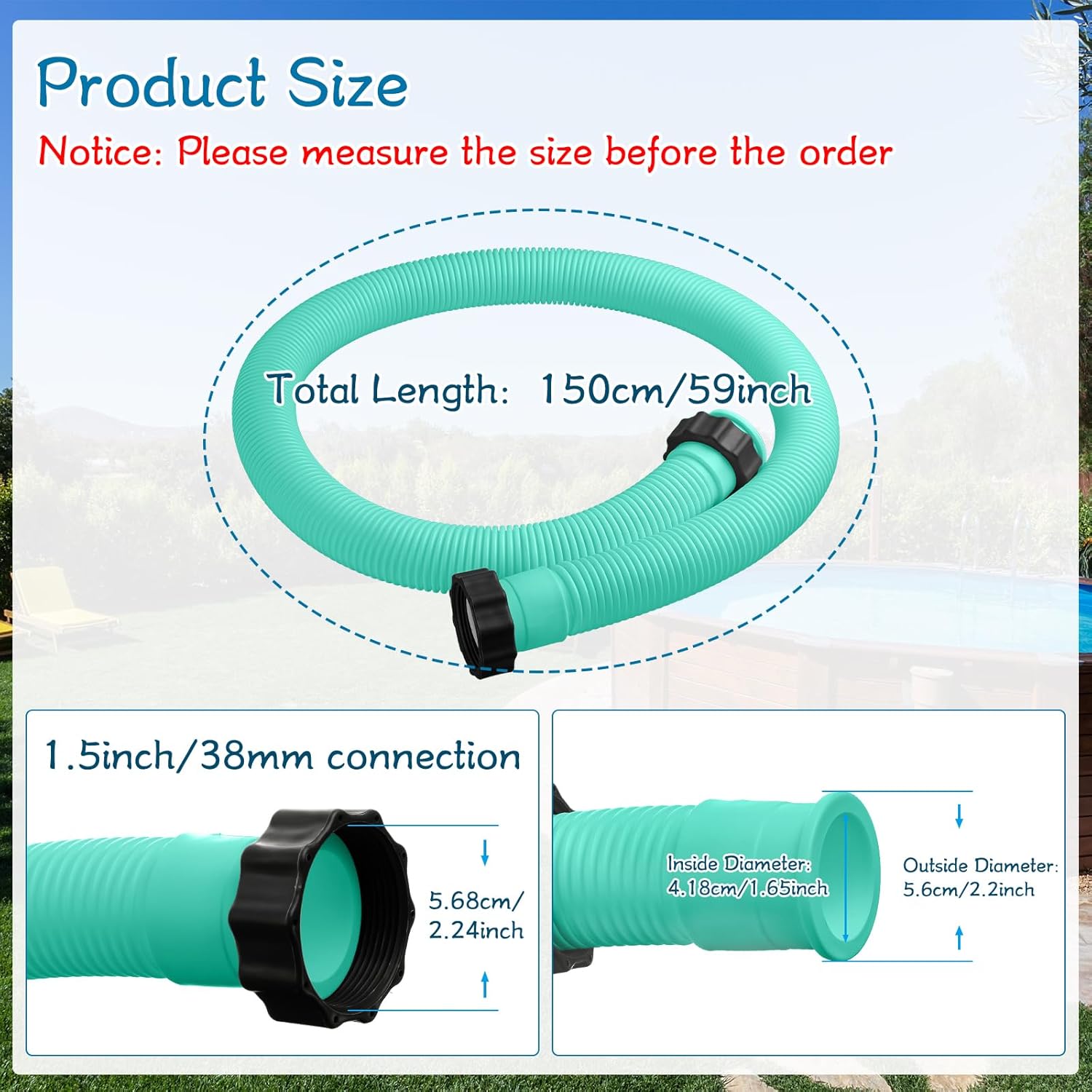 eBoot 2 Pcs 29060e Above Ground Pool Hoses 1.5" Diameter 59" Long Swimming Pool Pump Hose Replacement for Filter Pump, Saltwater System, Sand Filters Accessories(Lake Green)