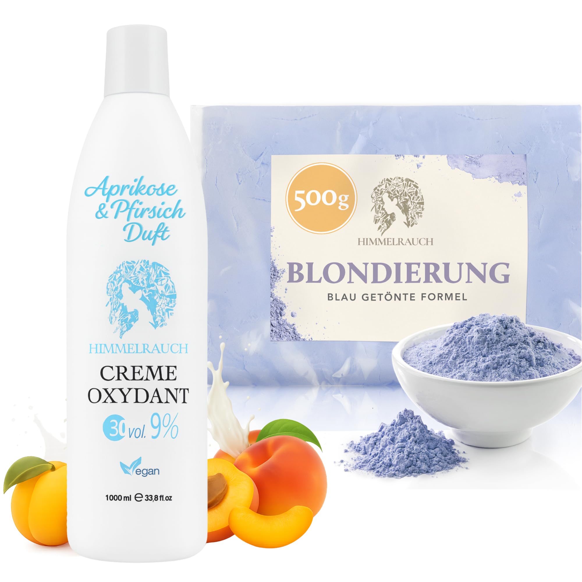 Blondierungspulver Set 500g bis 7 Töne, Anti Gelb, Staubfrei, Vegan, Parabenfrei, Glutenfrei, Silikonfrei mit Creme Oxydant 9% 1L