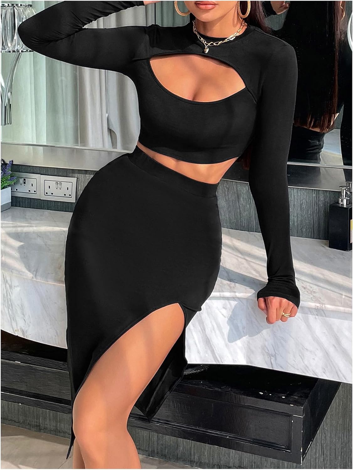 SOLY HUX Women's 2 Piece Skirt Sets Cut Out Long Sleeve Crop Tops and Split Bodycon Midi Skirt Going Out Outfits - Image 3