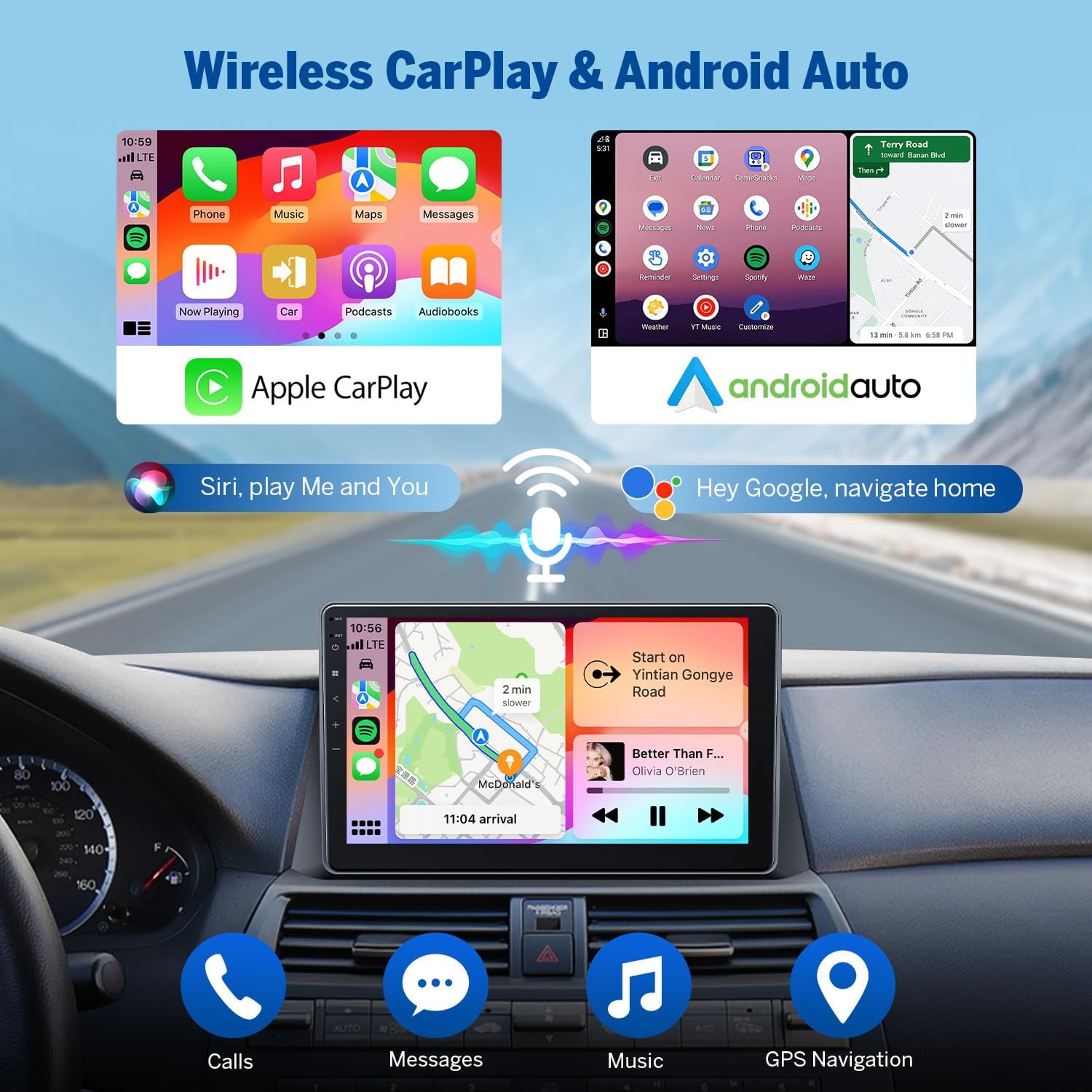 Wireless CarPlay and Android Auto interfaces on the car stereo