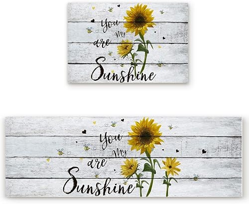 Miniatura 2 de Juego de 2 alfombras de cocina con diseño de girasol, tapete de goma antideslizante con parte trasera de goma, diseño de girasoles, abejas en