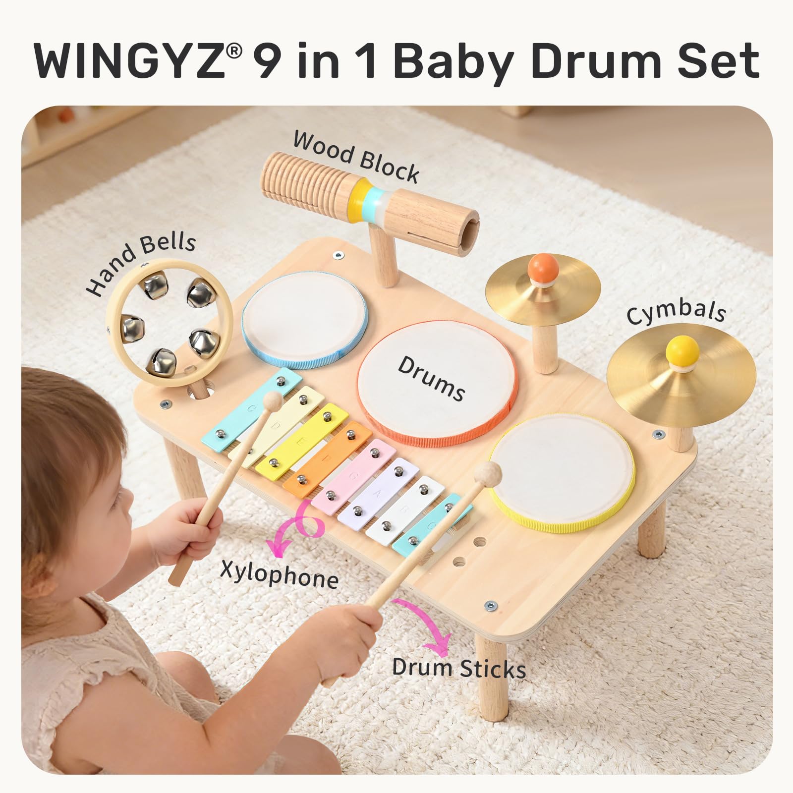 WINGYZ Batteria per bambini, set di strumenti musicali in legno 9 in 1 con xilofono, tamburo per bambini a partire da 1 anno, giocattolo musicale per ragazzi e ragazze, regalo per il primo compleanno